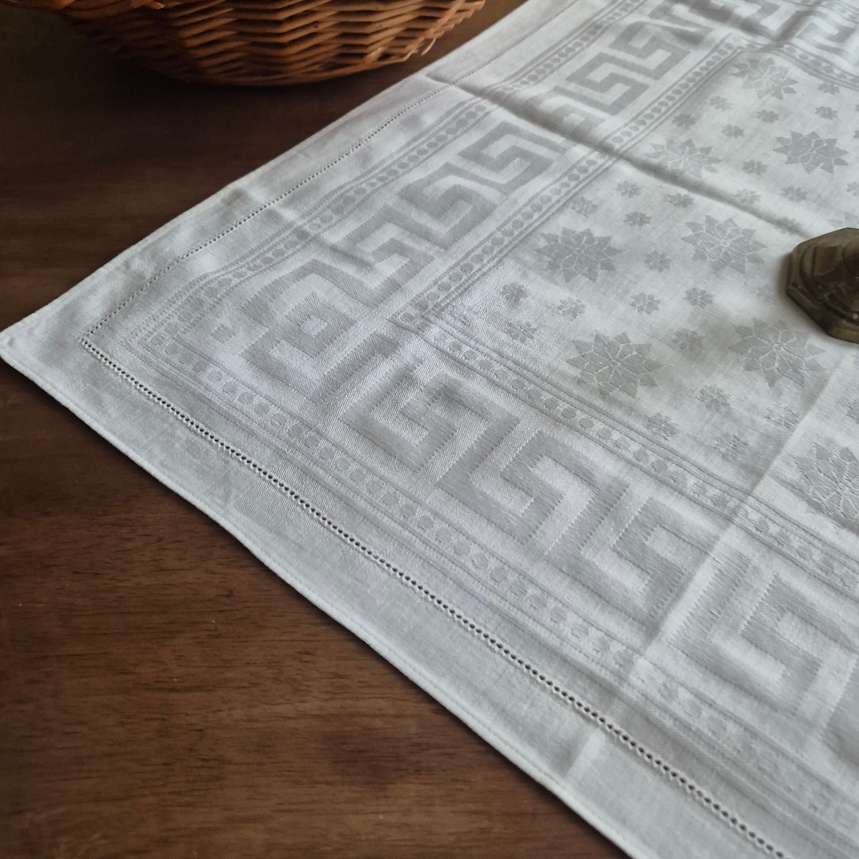 Antike Serviette Mitteldecke cremeweiß Damast Baumwolle 58x58cm 🤍
