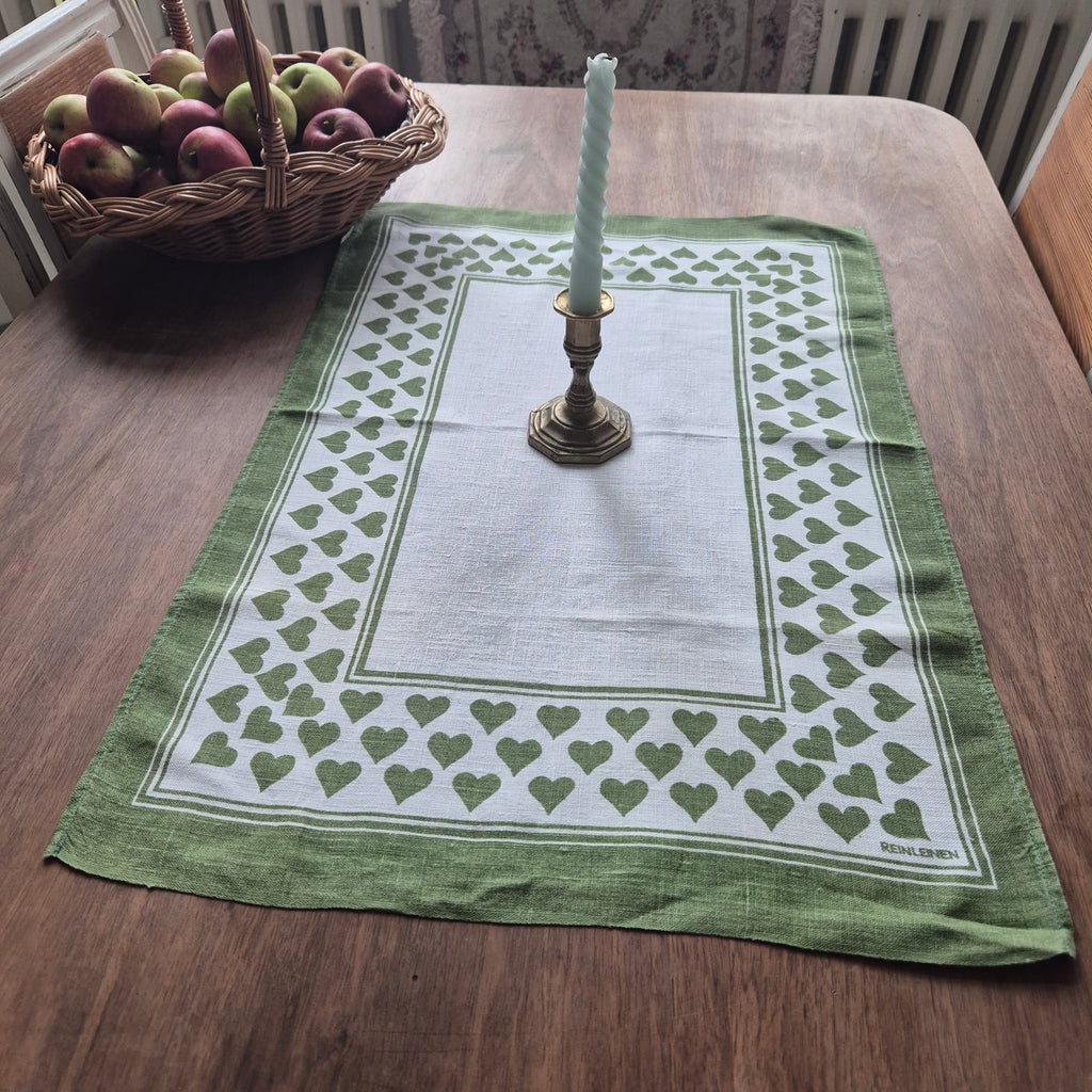 Antikes Küchen- & Geschirrhandtuch weiß grün Leinen 47x70cm Herzmotiv 🤍