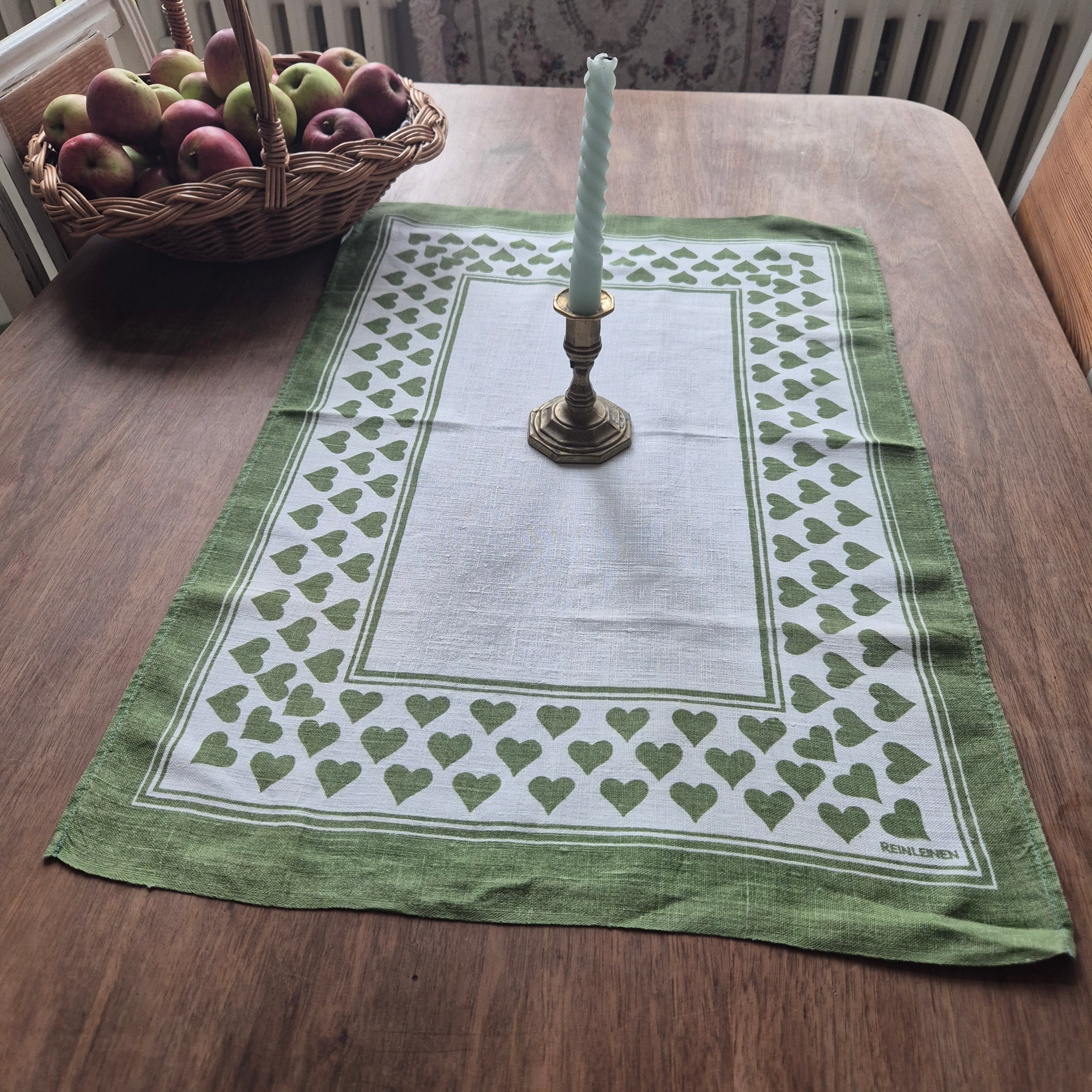 Antikes Küchen- & Geschirrhandtuch weiß grün Leinen 47x70cm Herzmotiv 🤍