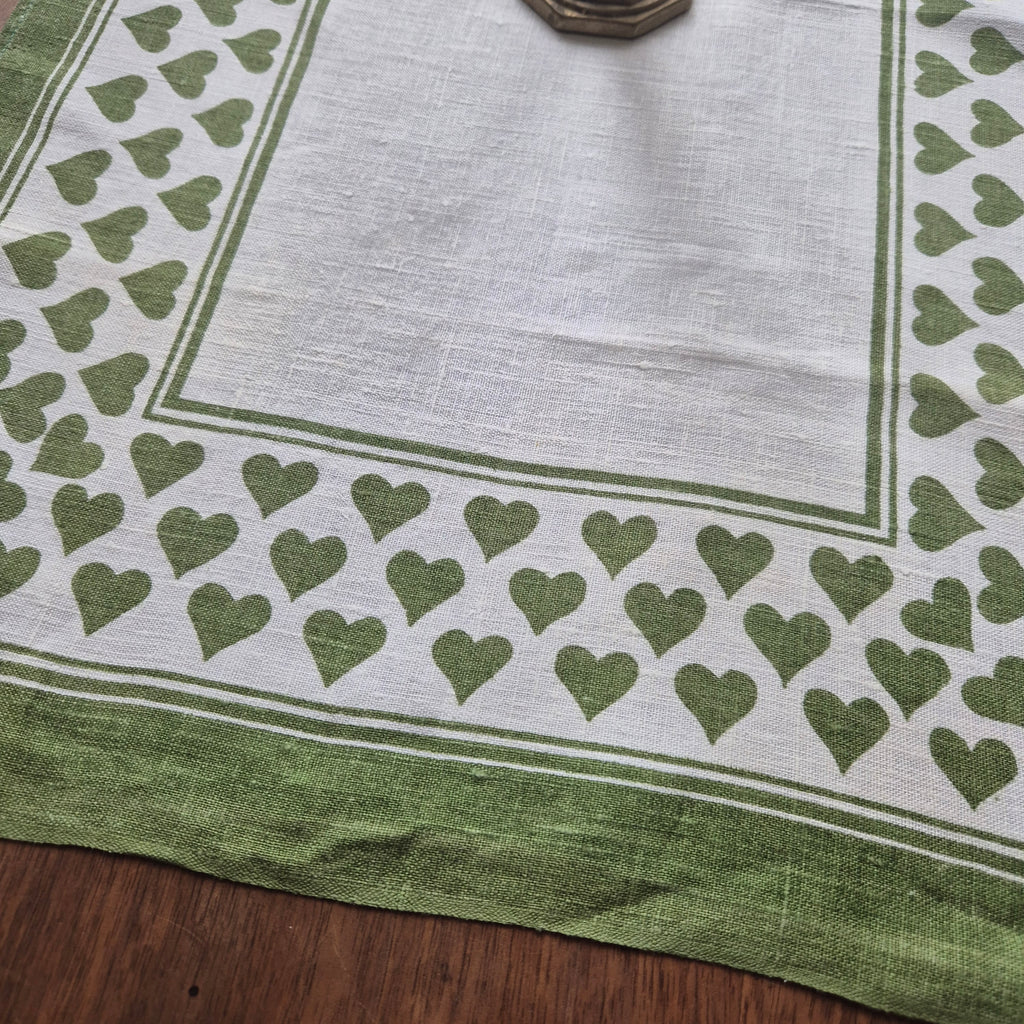 Antikes Küchen- & Geschirrhandtuch weiß grün Leinen 47x70cm Herzmotiv 🤍