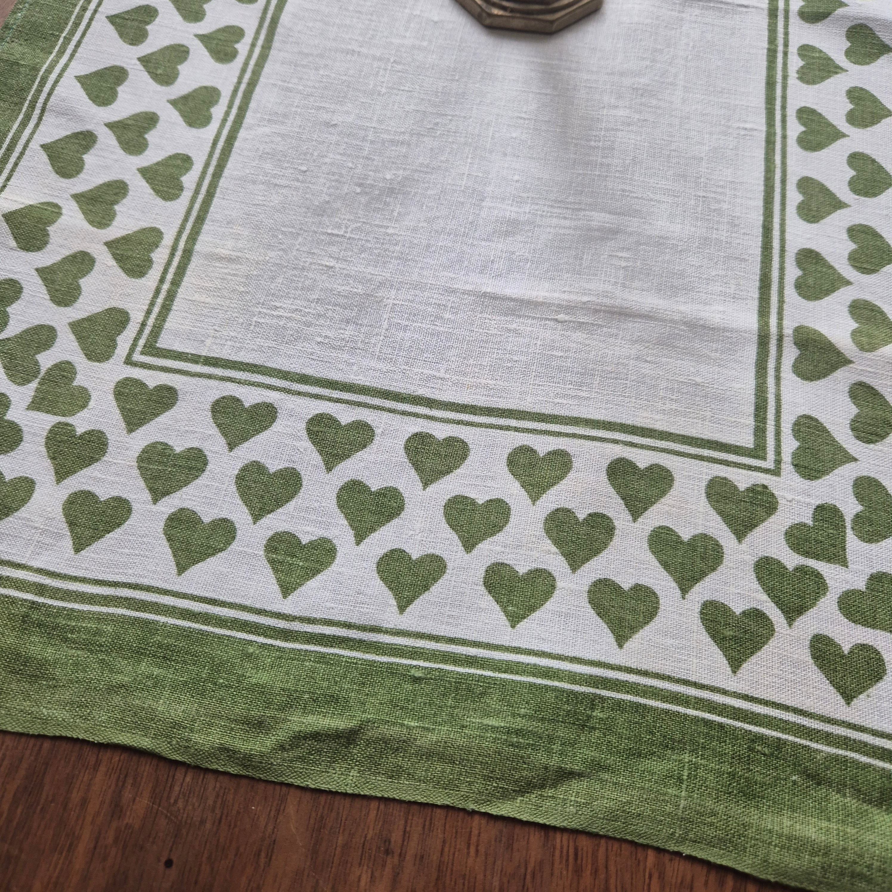 Antikes Küchen- & Geschirrhandtuch weiß grün Leinen 47x70cm Herzmotiv 🤍