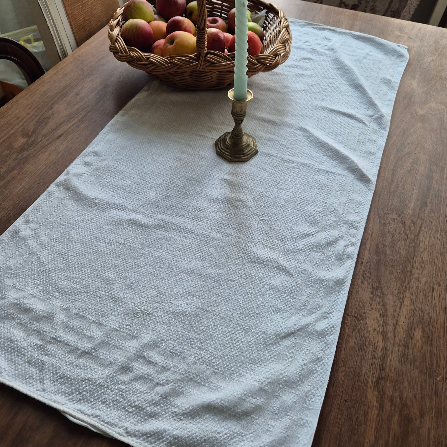 Antikes Jugendstil Küchenhandtuch Tischdecke rechteckig weiß Leinen 47x95cm Monogramm E.T.