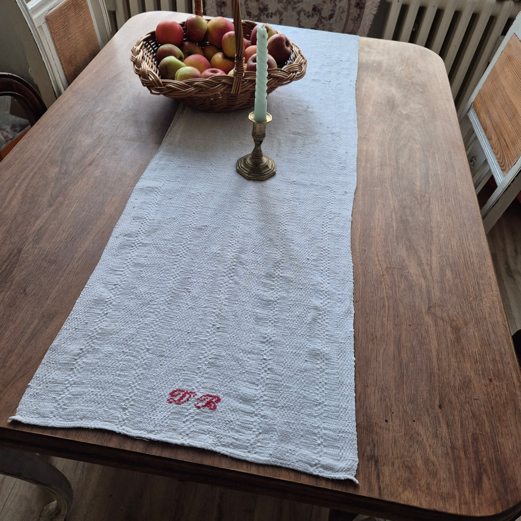 Antikes Jugendstil Küchen- & Geschirrhandtuch weiß Leinen 38x120cm Monogramm D.B. 🤍