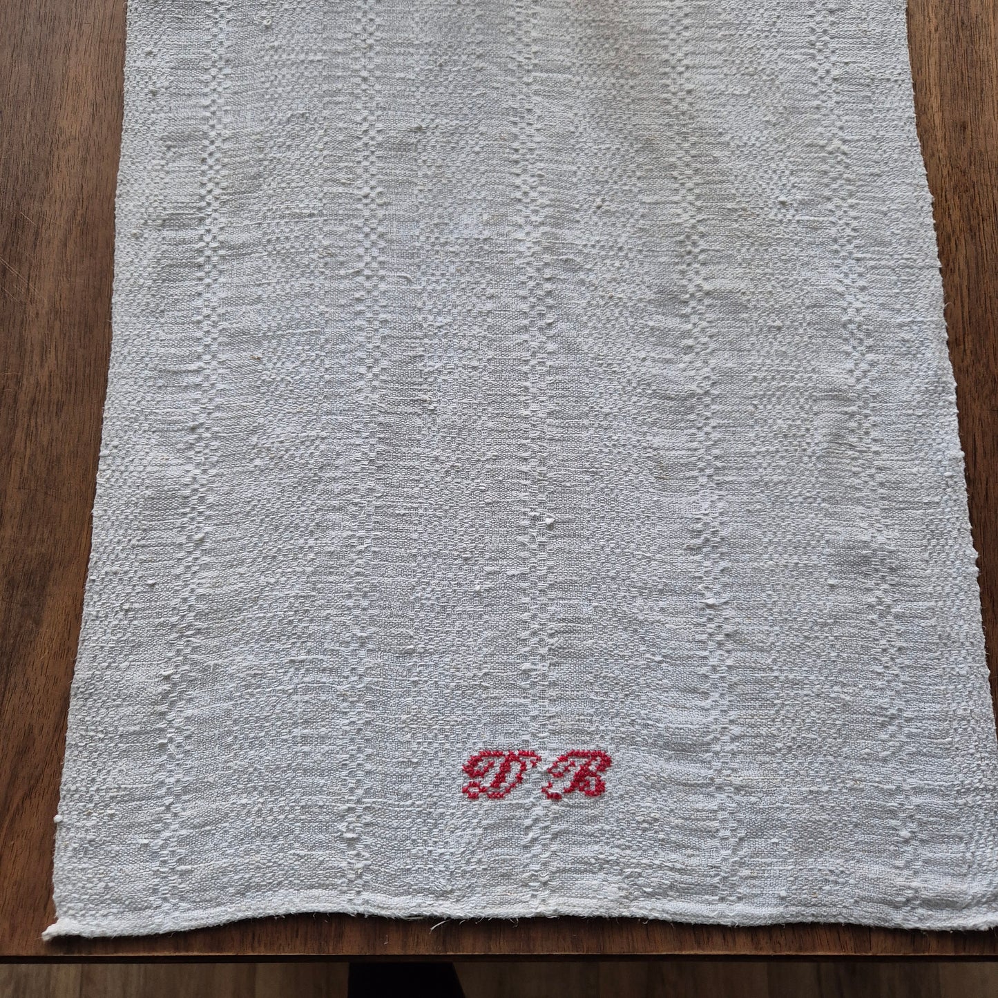 Antikes Jugendstil Küchenhandtuch Tischdecke rechteckig weiß Leinen 38x120cm Monogramm D.B.