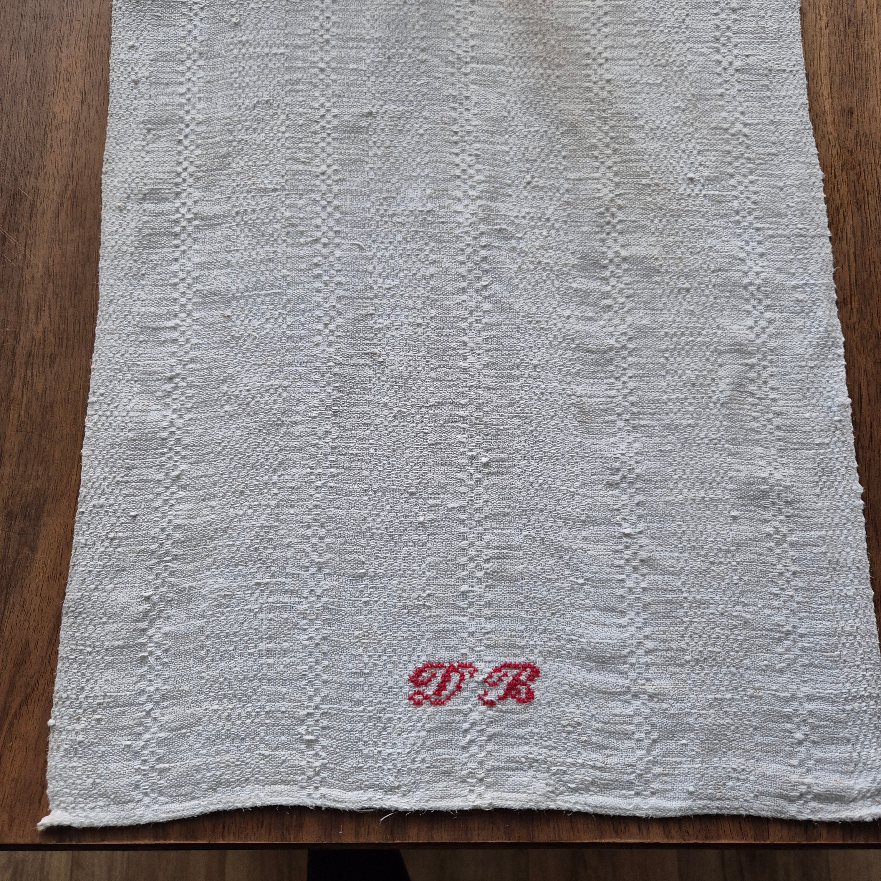 Antikes Jugendstil Küchen- & Geschirrhandtuch weiß Leinen 38x120cm Monogramm D.B. 🤍