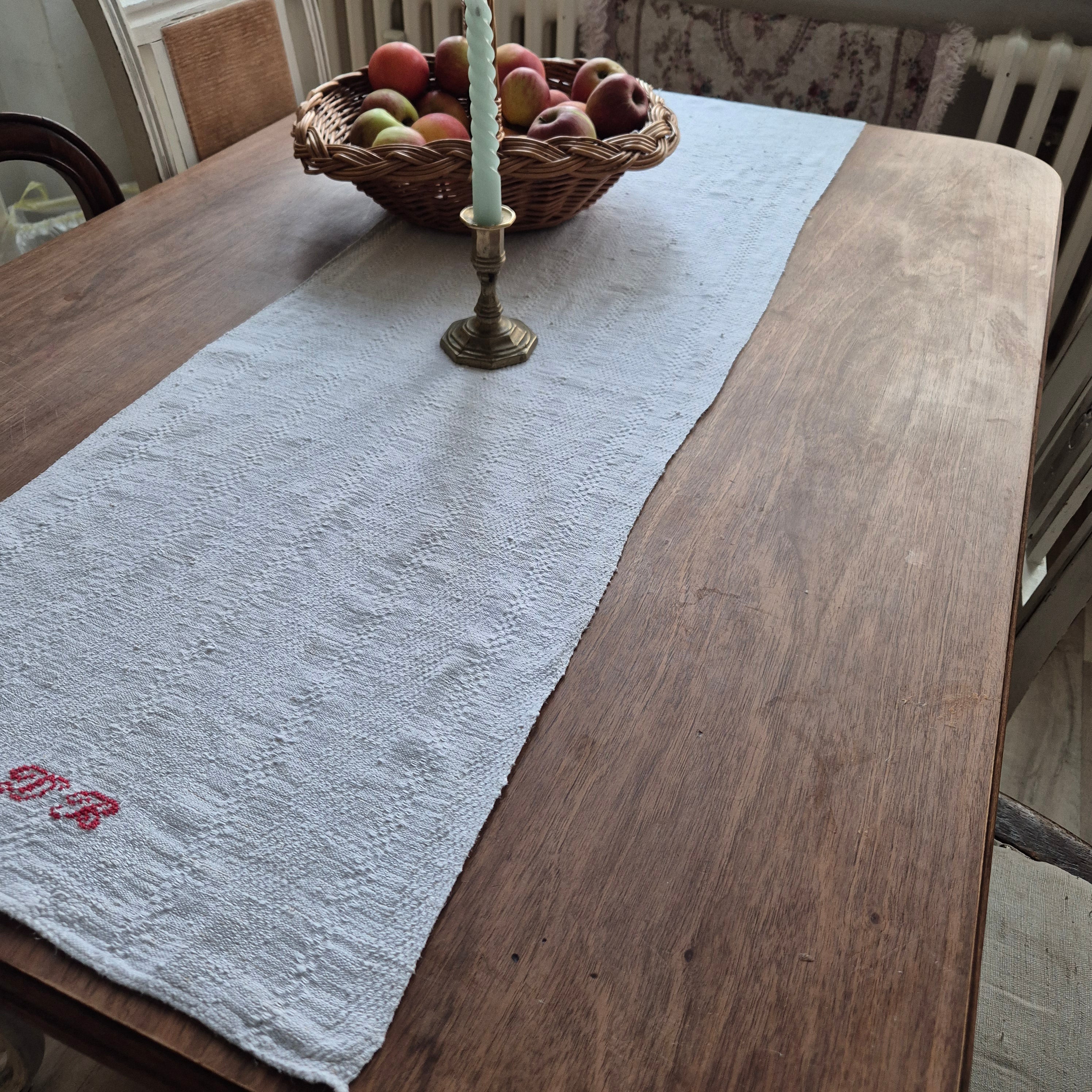 Antikes Jugendstil Küchen- & Geschirrhandtuch weiß Leinen 38x120cm Monogramm D.B. 🤍
