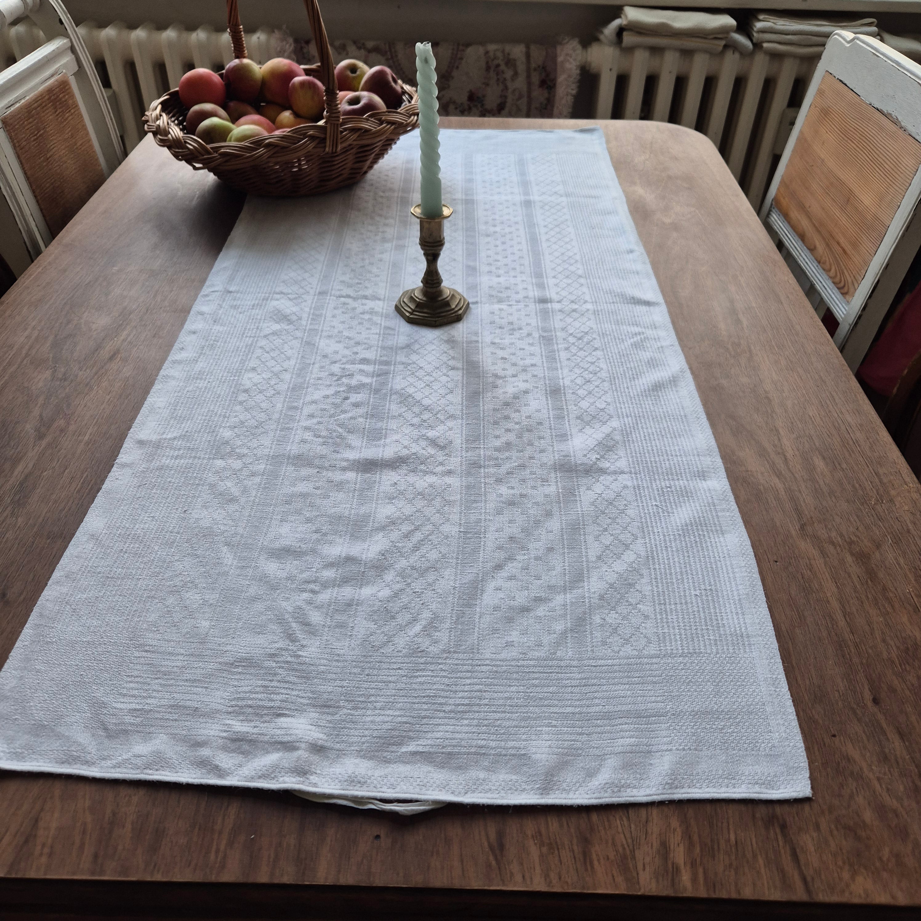 Antikes Jugendstil Küchen- & Geschirrtuch weiß Damast Baumwolle 48x108cm 🤍