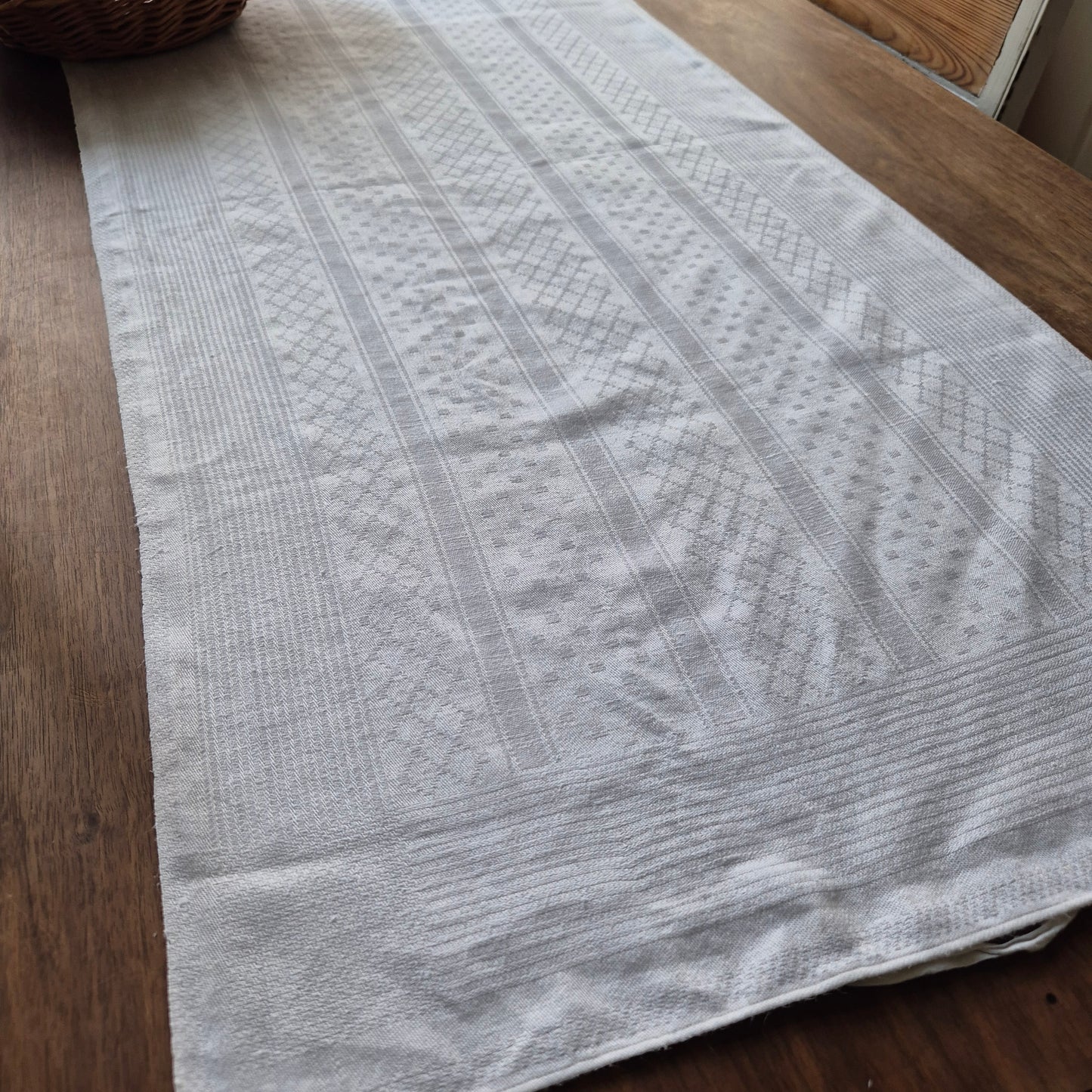 Antike Jugendstil Mitteldecke Tischdecke rechteckig Küchenhandtuch weiß Damast Baumwolle 48x108cm