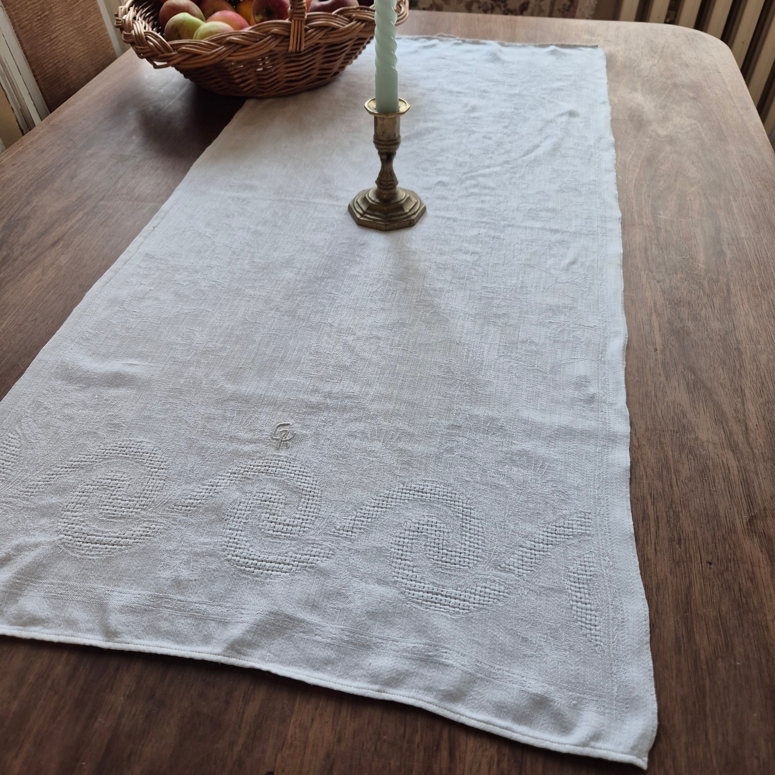 Antikes Jugendstil Küchen- & Geschirrtuch weiß Damast Baumwolle 44x97cm Monogramm G.K. 🤍