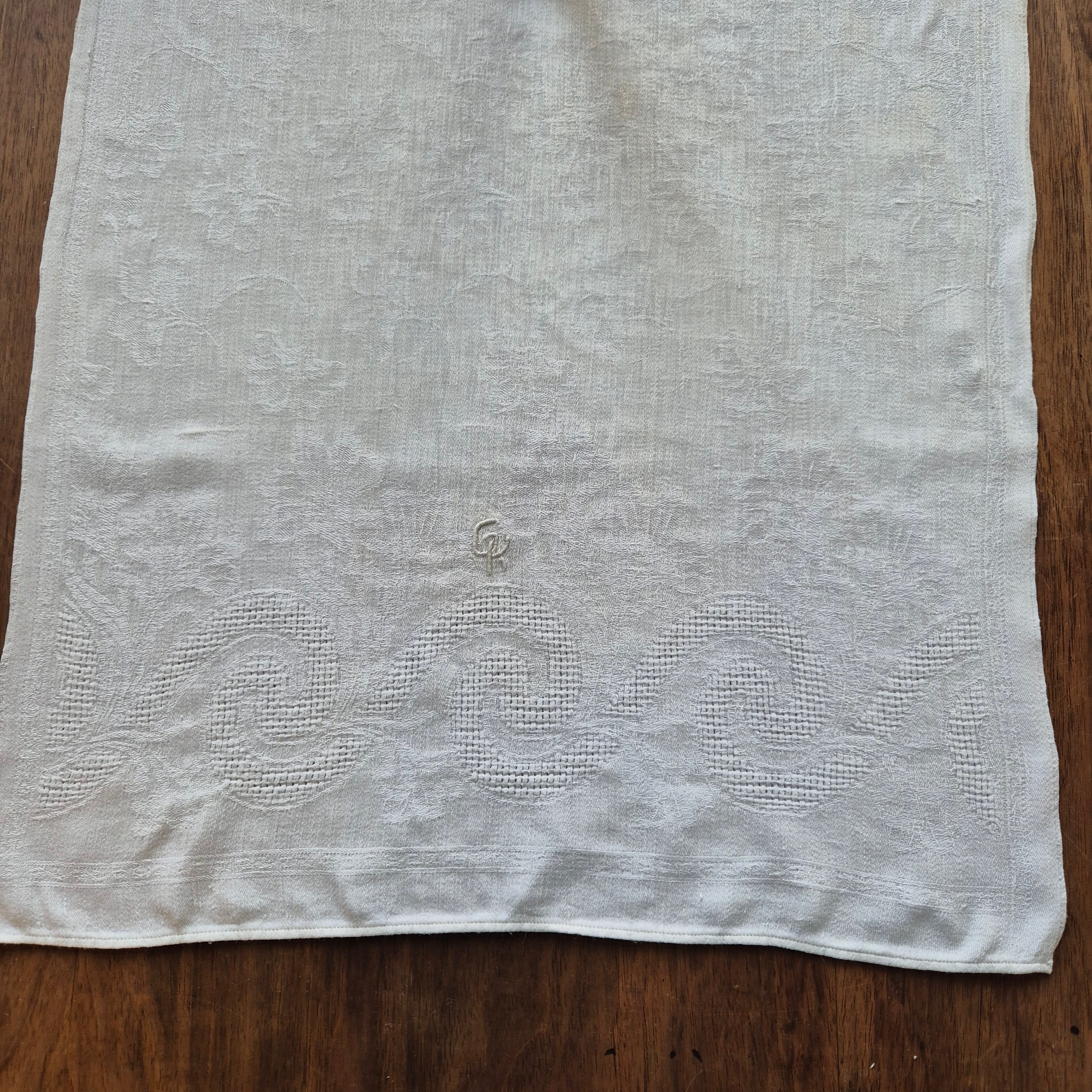 Antikes Jugendstil Küchen- & Geschirrtuch weiß Damast Baumwolle 44x97cm Monogramm G.K. 🤍