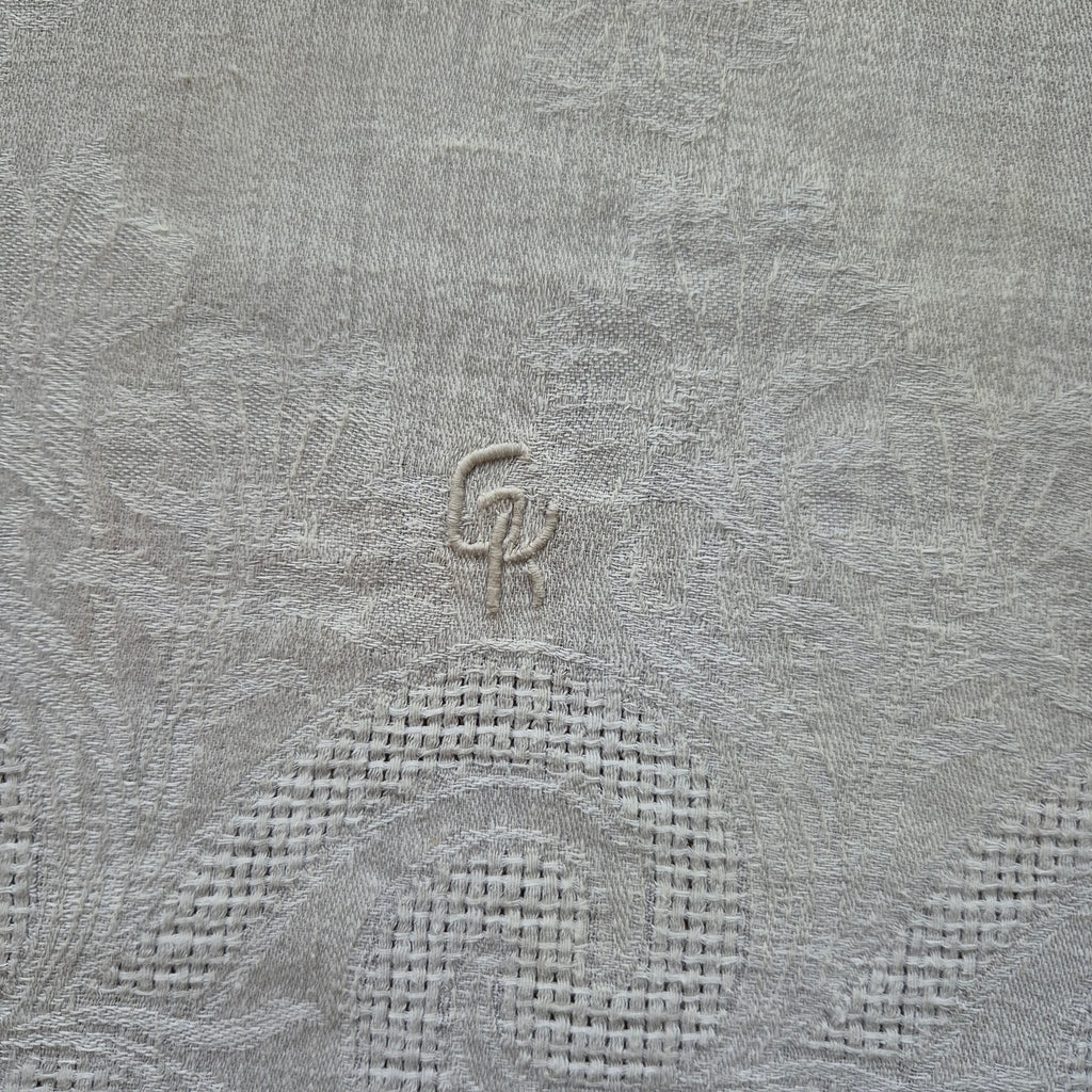 Antikes Jugendstil Küchen- & Geschirrtuch weiß Damast Baumwolle 44x97cm Monogramm G.K. 🤍