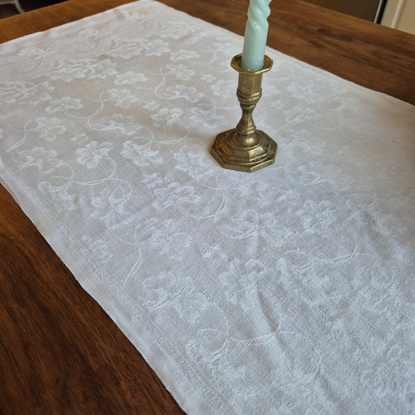 Antike Jugendstil Mitteldecke Tischdecke rechteckig Küchenhandtuch weiß Damast Baumwolle 44x97cm Monogramm G.K.