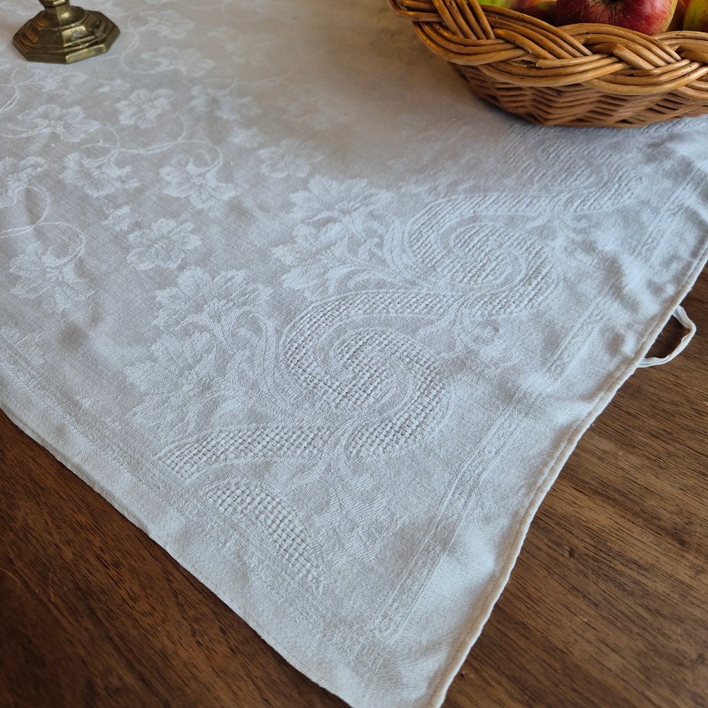 Antikes Jugendstil Küchen- & Geschirrtuch weiß Damast Baumwolle 44x97cm Monogramm G.K. 🤍