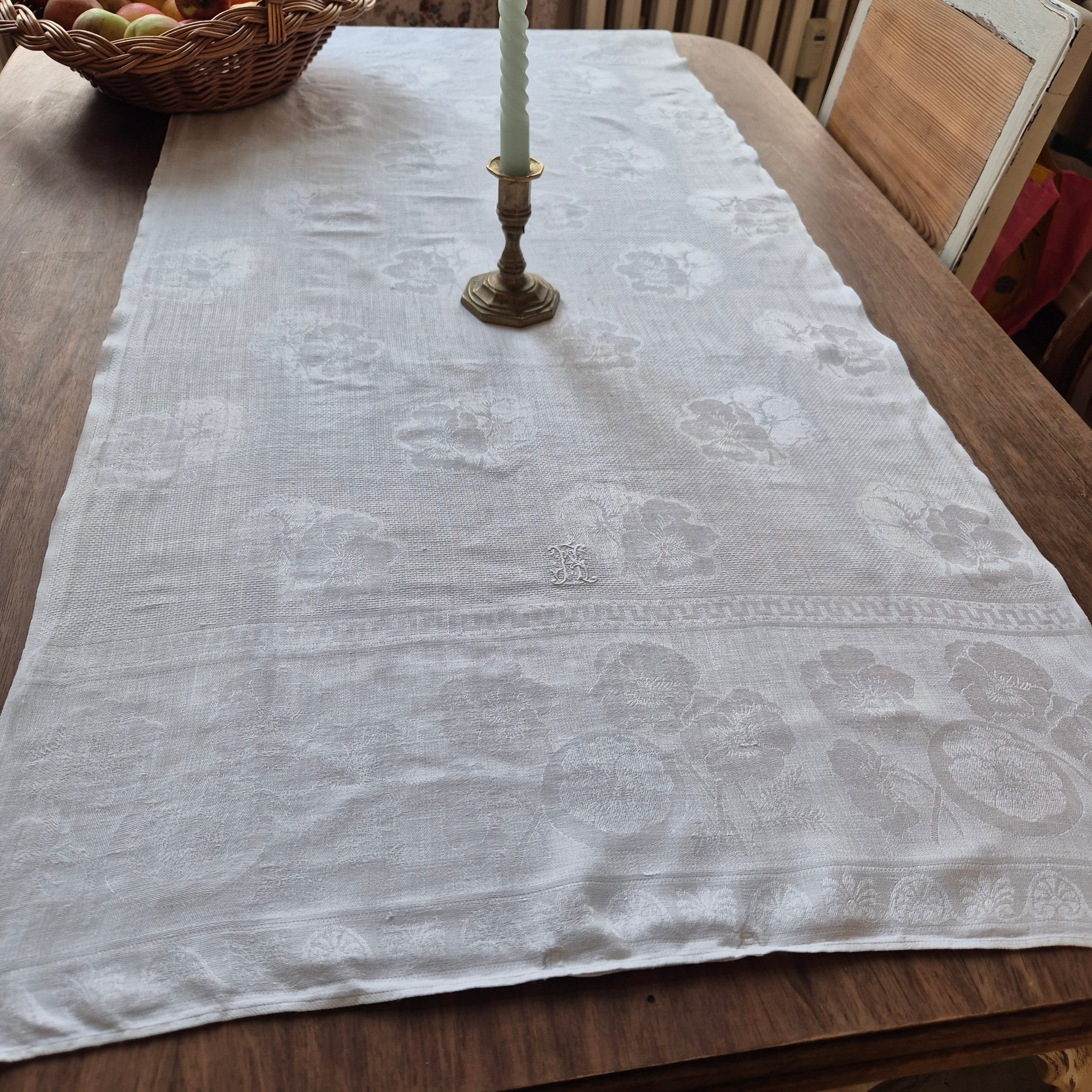 Antikes Jugendstil Küchen- & Geschirrhandtuch weiß Damast Baumwolle 57x125cm Monogramm H.S. 🤍