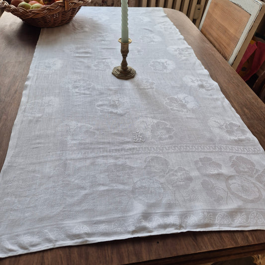 Antike Jugendstil Mitteldecke Tischdecke rechteckig Küchenhandtuch weiß Damast Baumwolle 57x125cm Monogramm H.S.