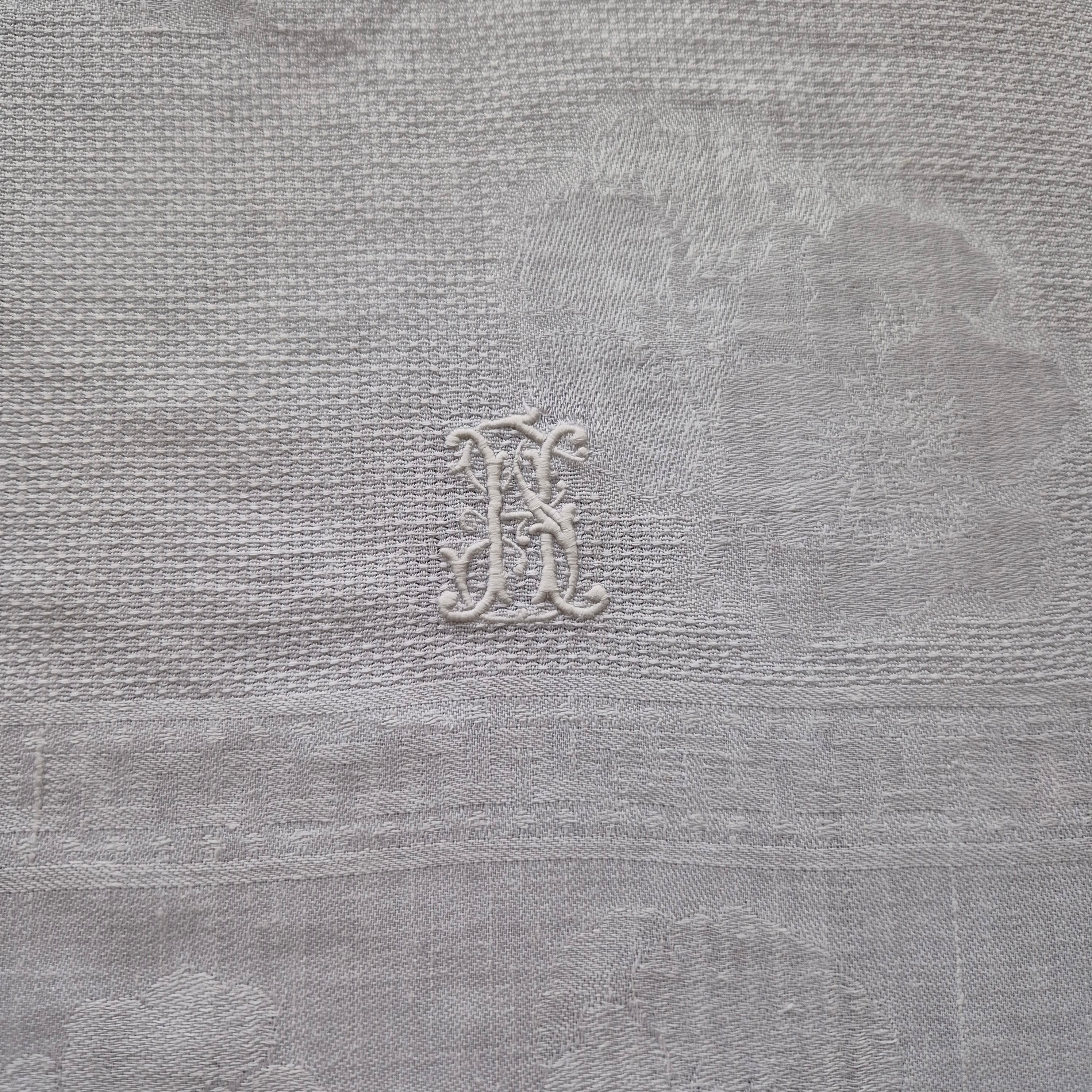 Antikes Jugendstil Küchen- & Geschirrhandtuch weiß Damast Baumwolle 57x125cm Monogramm H.S. 🤍