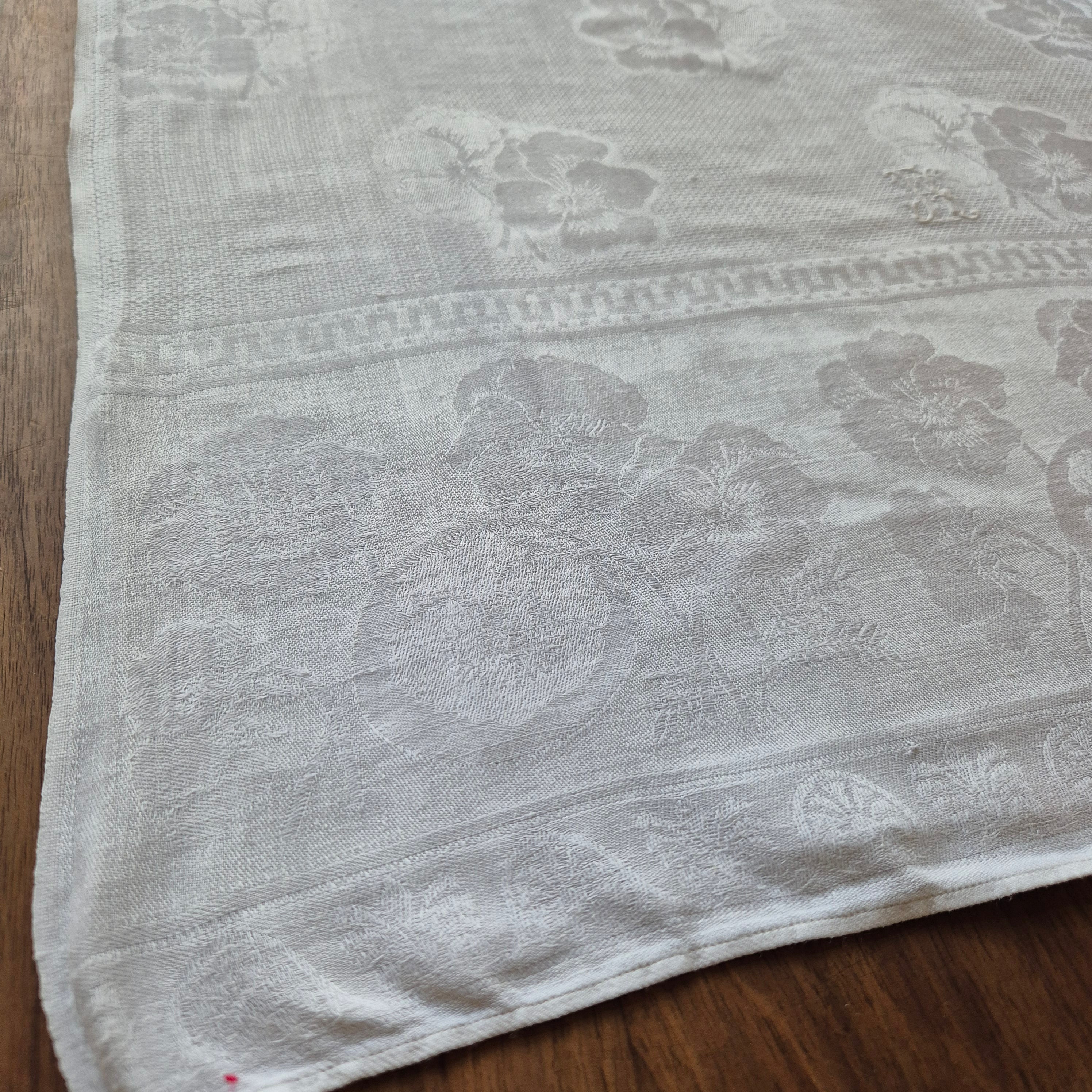 Antikes Jugendstil Küchen- & Geschirrhandtuch weiß Damast Baumwolle 57x125cm Monogramm H.S. 🤍