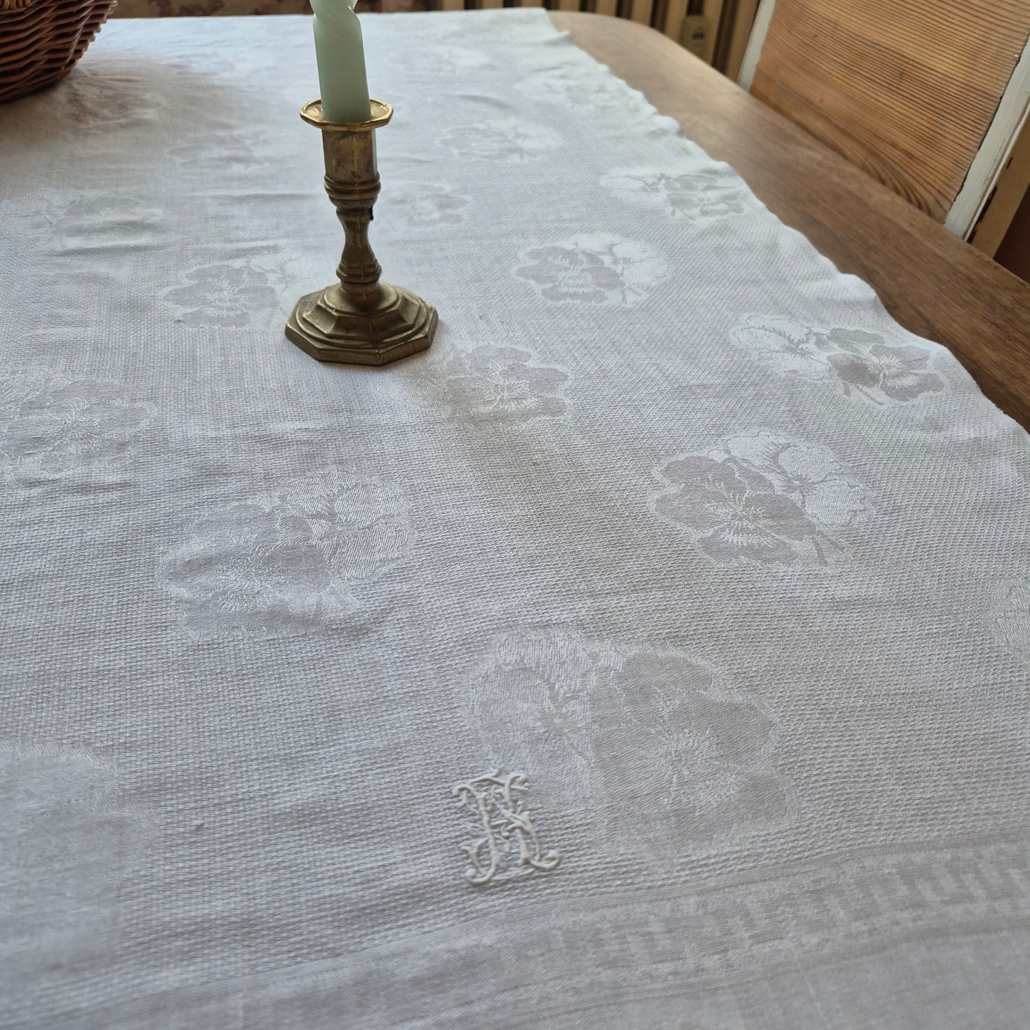 Antike Jugendstil Mitteldecke Tischdecke rechteckig Küchenhandtuch weiß Damast Baumwolle 57x125cm Monogramm H.S.