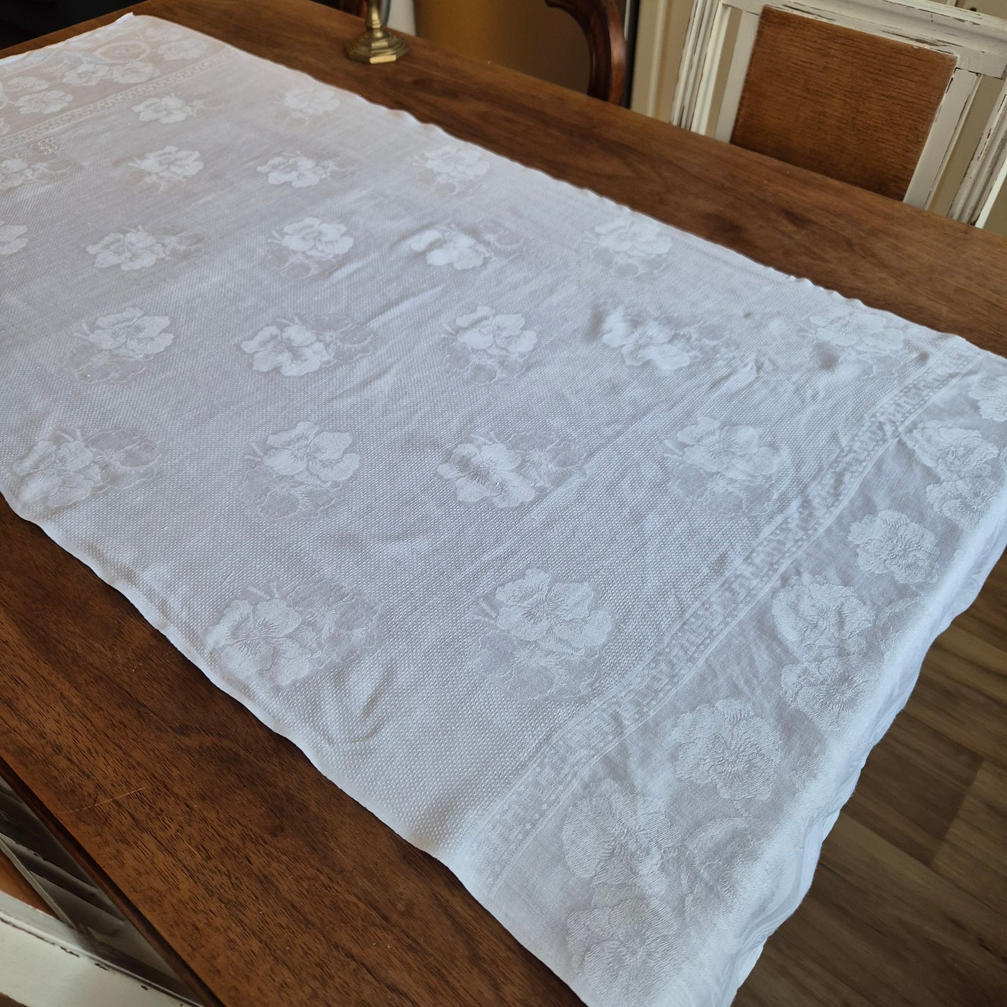 Antike Jugendstil Mitteldecke Tischdecke rechteckig Küchenhandtuch weiß Damast Baumwolle 57x125cm Monogramm H.S.