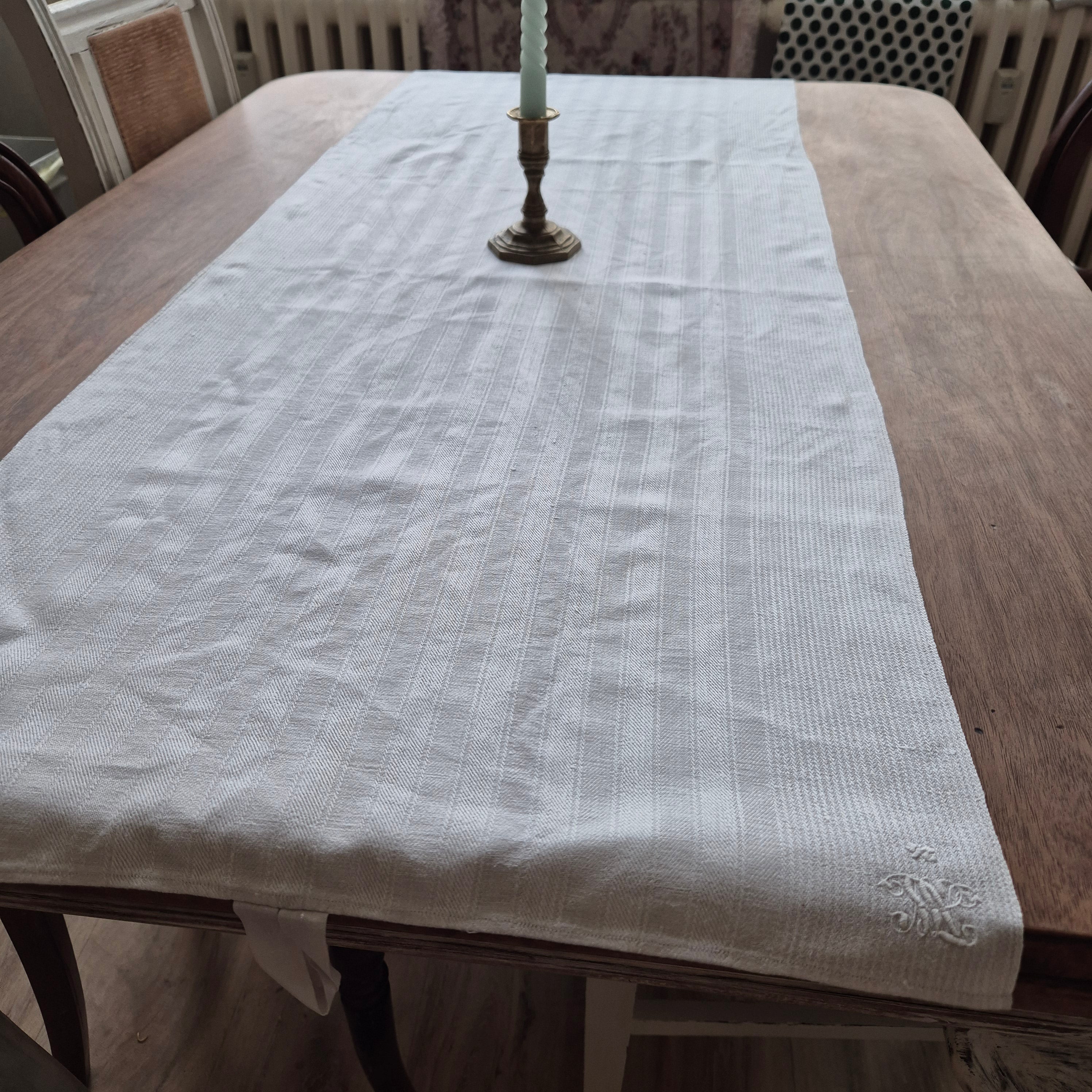 Antikes Jugendstil Küchen- & Geschirrtuch weiß Leinen Baumwolle 49x130cm Monogramm 🤍