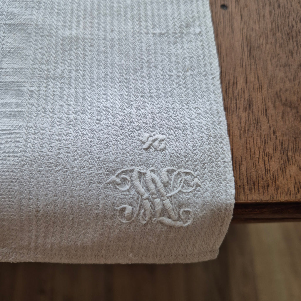 Antikes Jugendstil Küchen- & Geschirrtuch weiß Leinen Baumwolle 49x130cm Monogramm 🤍