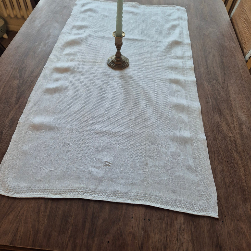 Antikes Jugendstil Küchen- & Geschirrtuch weiß Leinen Baumwolle 49x93cm Monogramm L.S. Kleeblatt 🤍