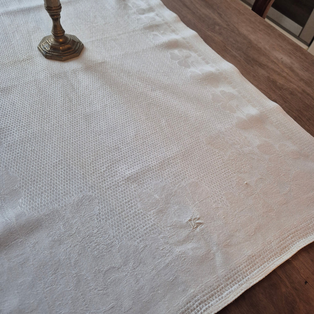 Antikes Jugendstil Küchen- & Geschirrtuch weiß Leinen Baumwolle 49x93cm Monogramm L.S. Kleeblatt 🤍
