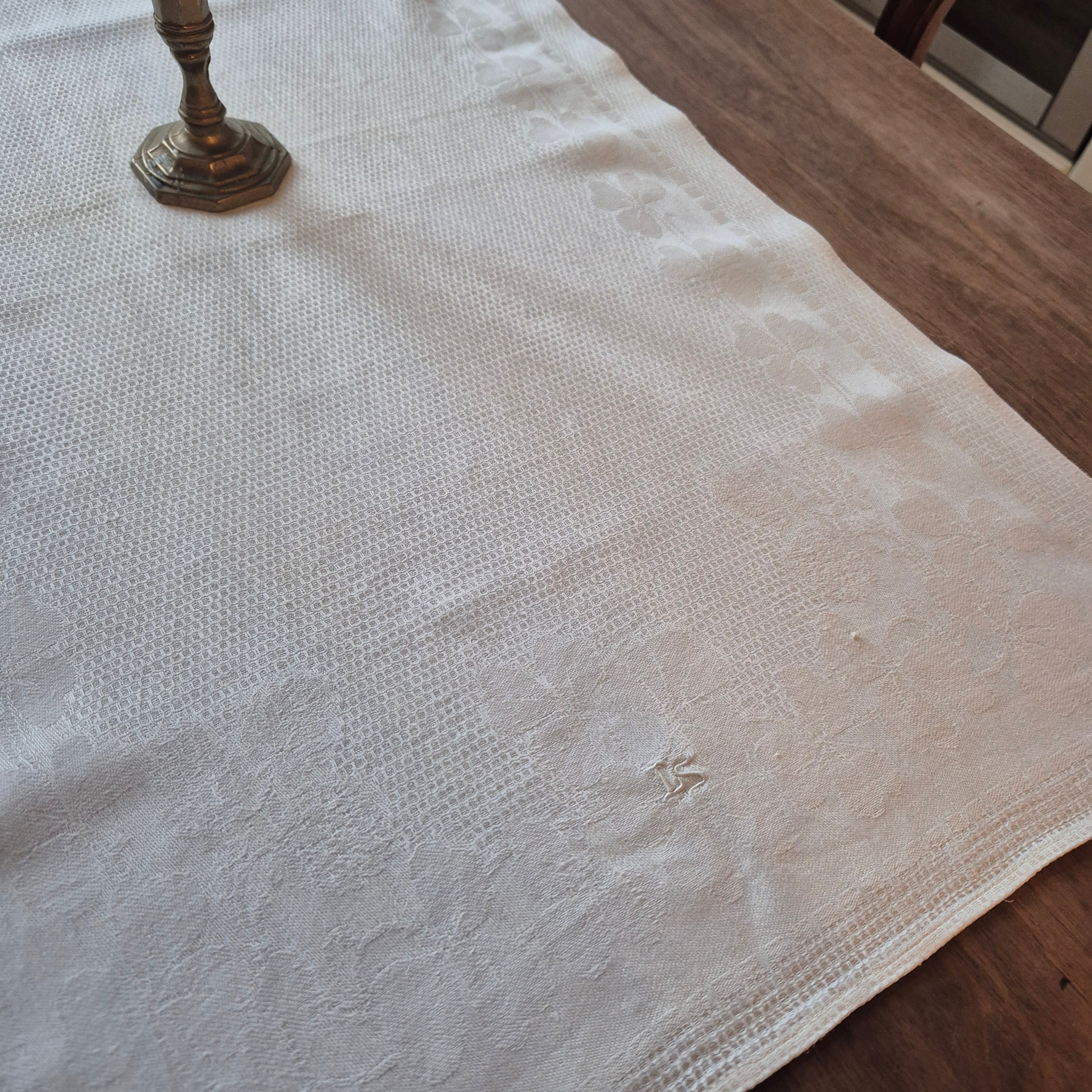 Antikes Jugendstil Küchen- & Geschirrtuch weiß Leinen Baumwolle 49x93cm Monogramm L.S. Kleeblatt 🤍