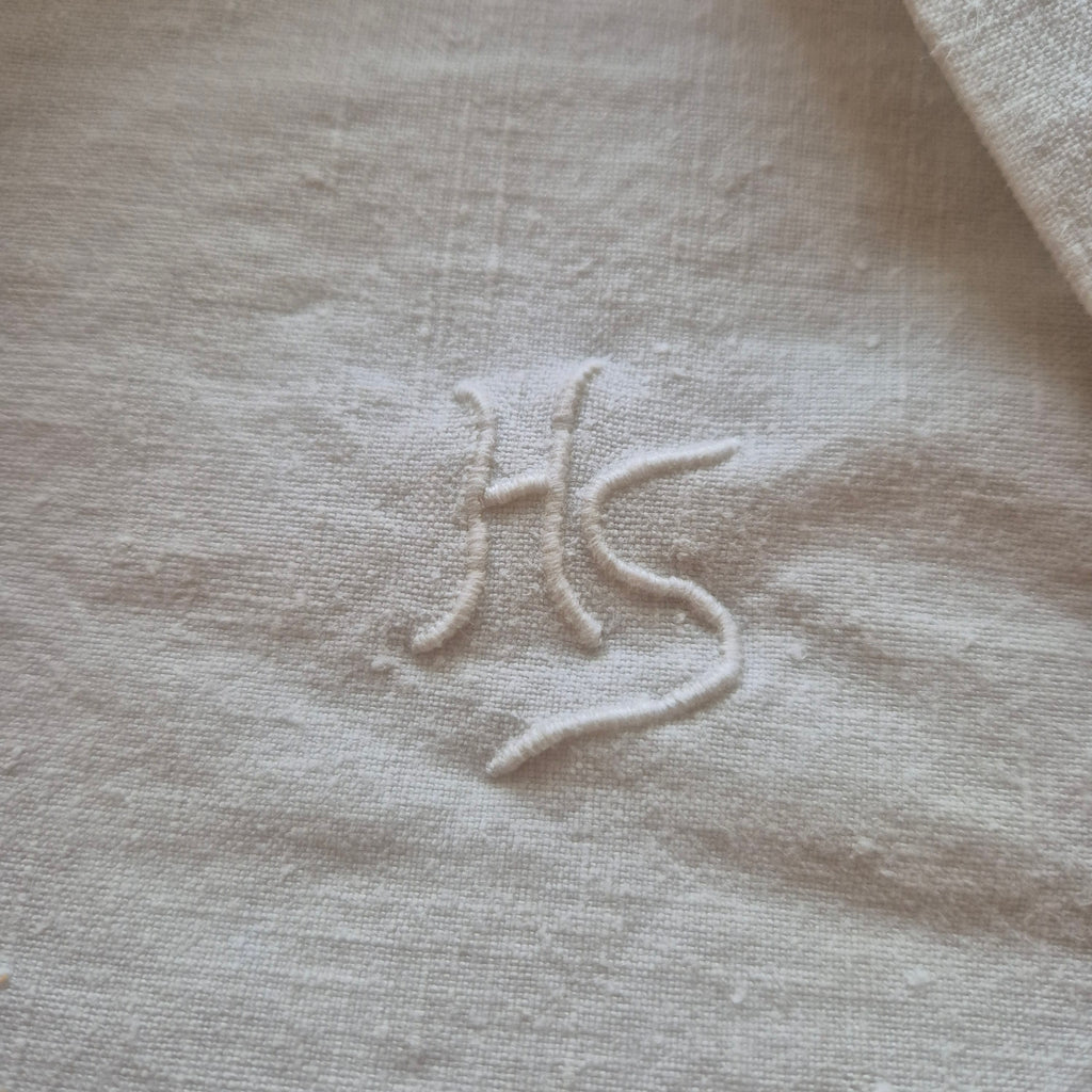 Antikes Jugendstil Baumwolle/Leinen Bettlaken 155x220cm Monogramm H.S beige creme ♡