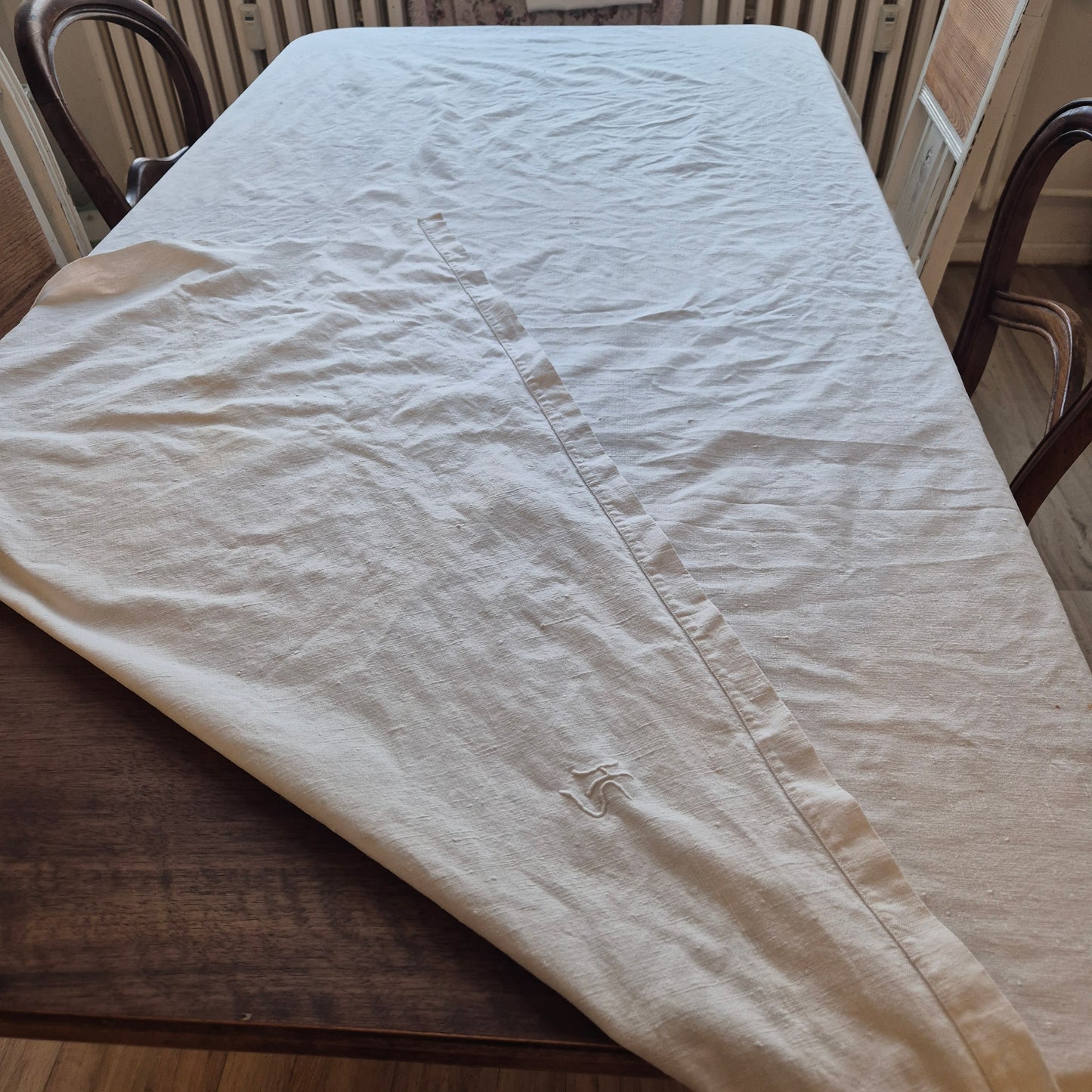 Antike Jugendstil Baumwolle/Leinen Tischdecke oder Bettlacken 155x220cm Monogramm H.S beige creme