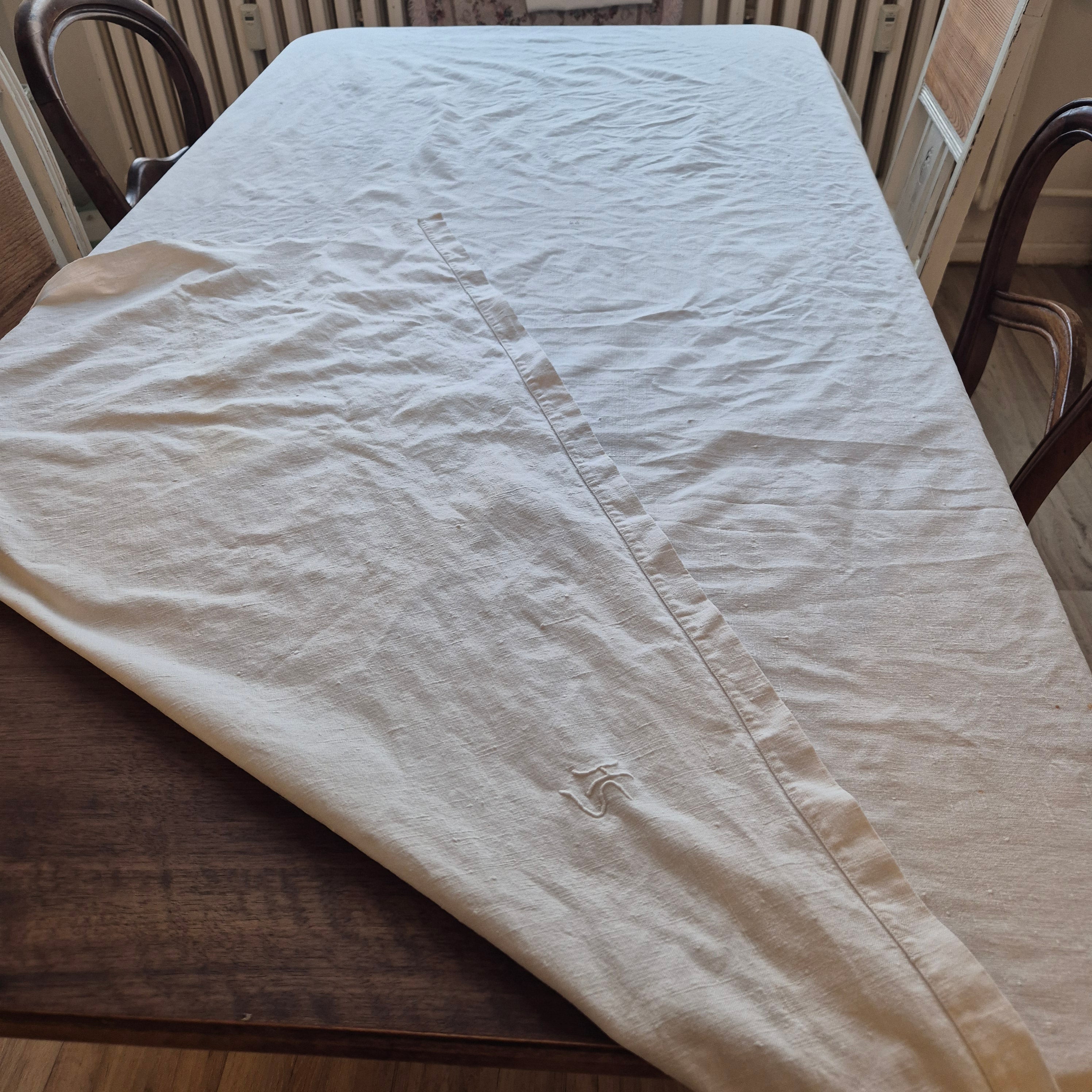Antikes Jugendstil Baumwolle/Leinen Bettlaken 155x220cm Monogramm H.S beige creme ♡