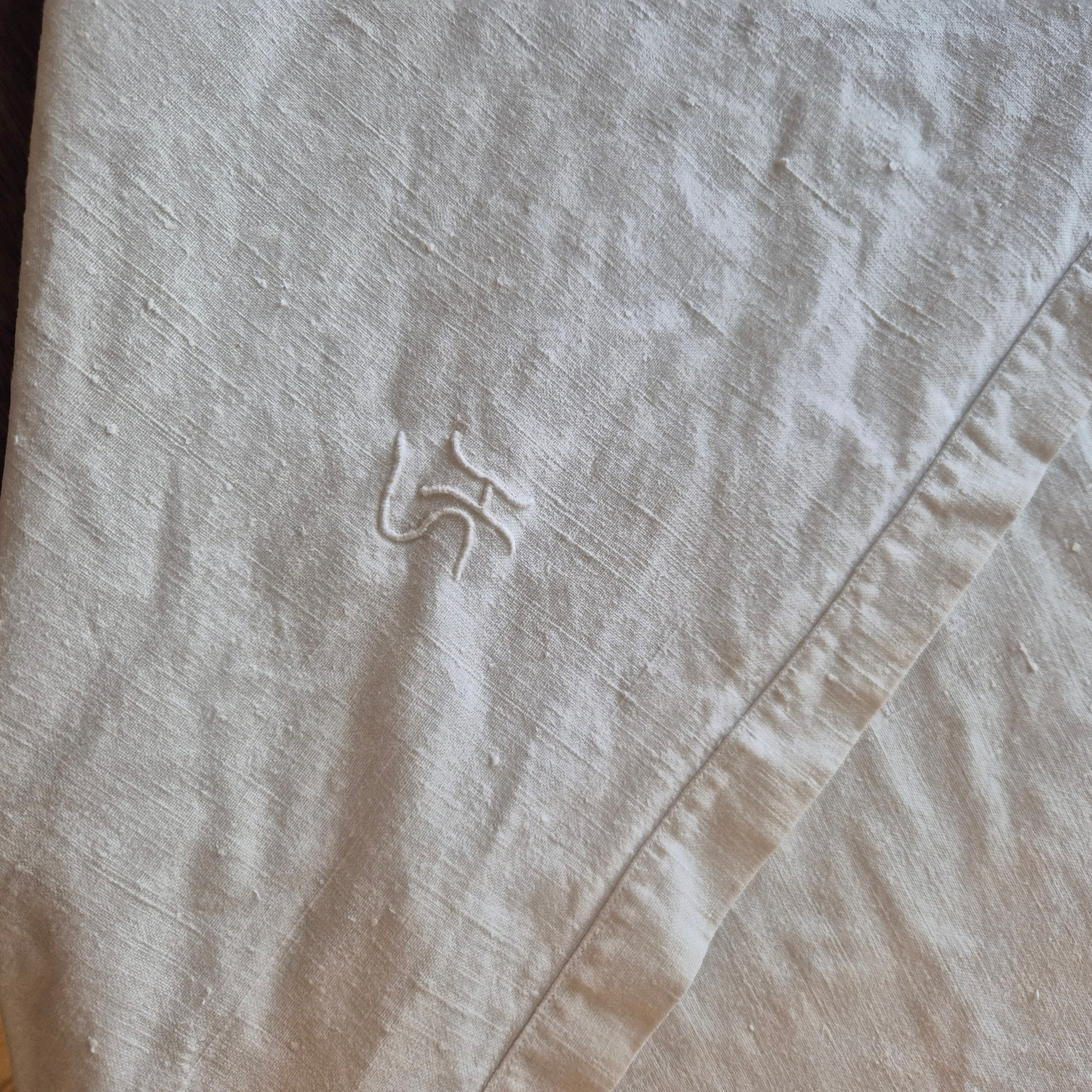 Antikes Jugendstil Baumwolle/Leinen Bettlaken 155x220cm Monogramm H.S beige creme ♡