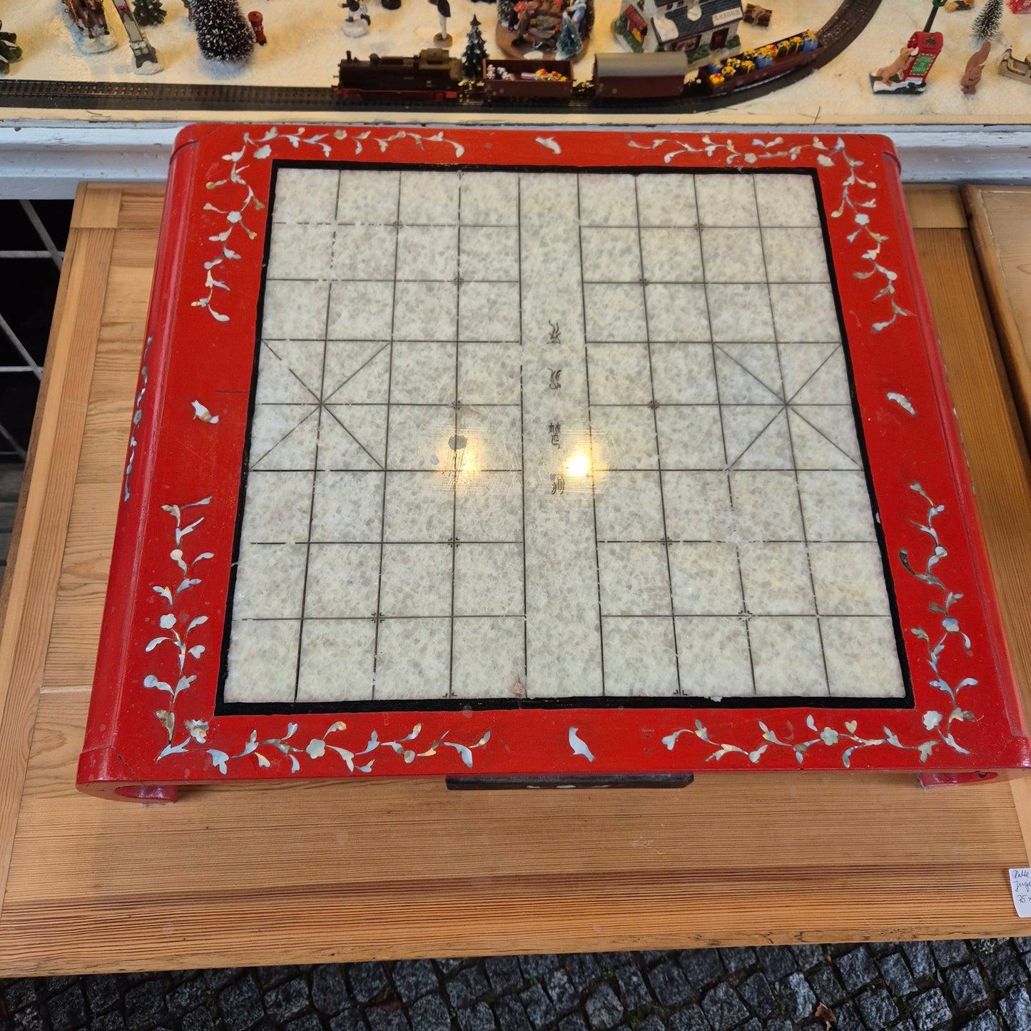 Vintage Chinesisches Schachbrett Tisch Holz Perlmutt Rot Spieltisch Teetisch