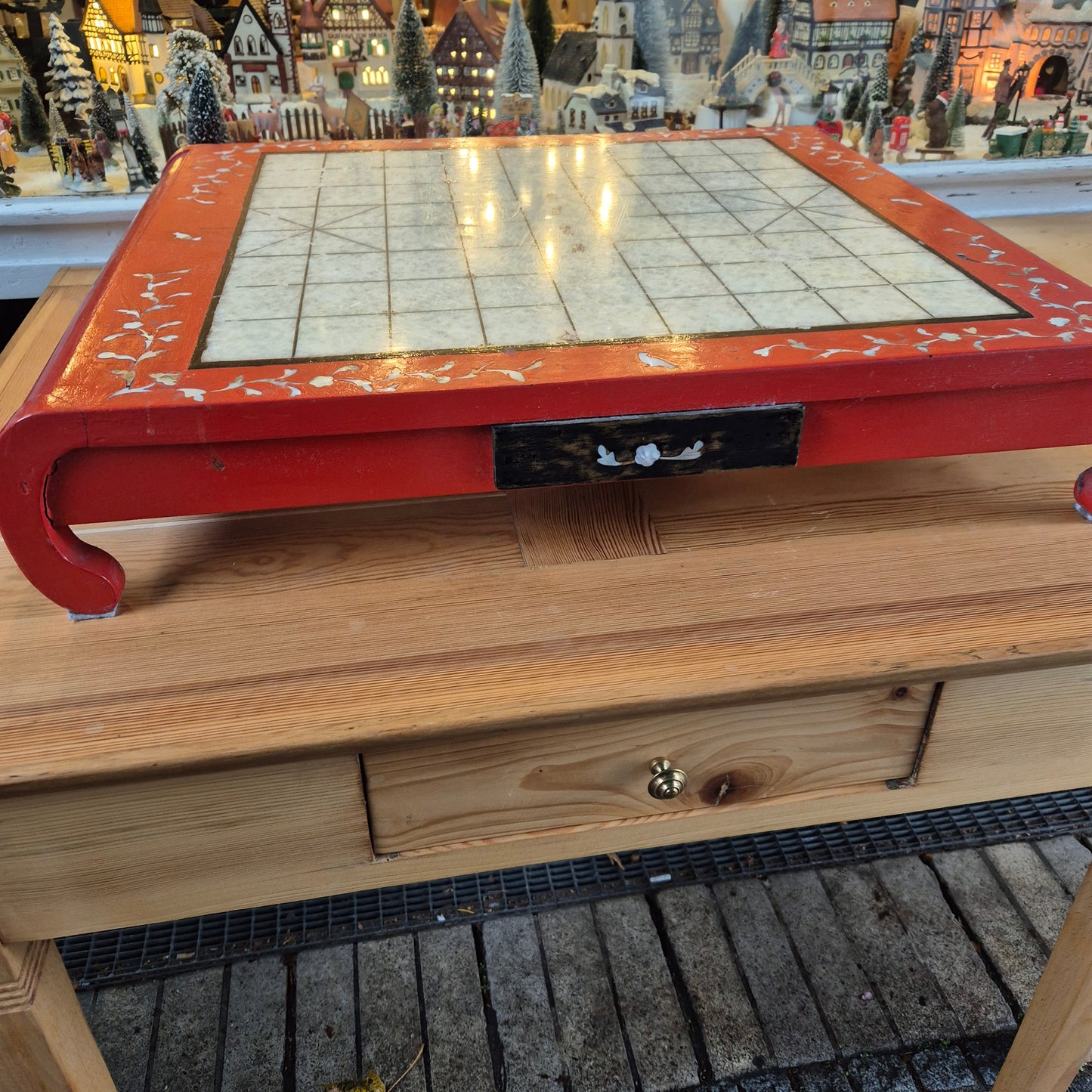 Vintage Chinesisches Schachbrett Tisch Holz Perlmutt Rot Spieltisch Teetisch