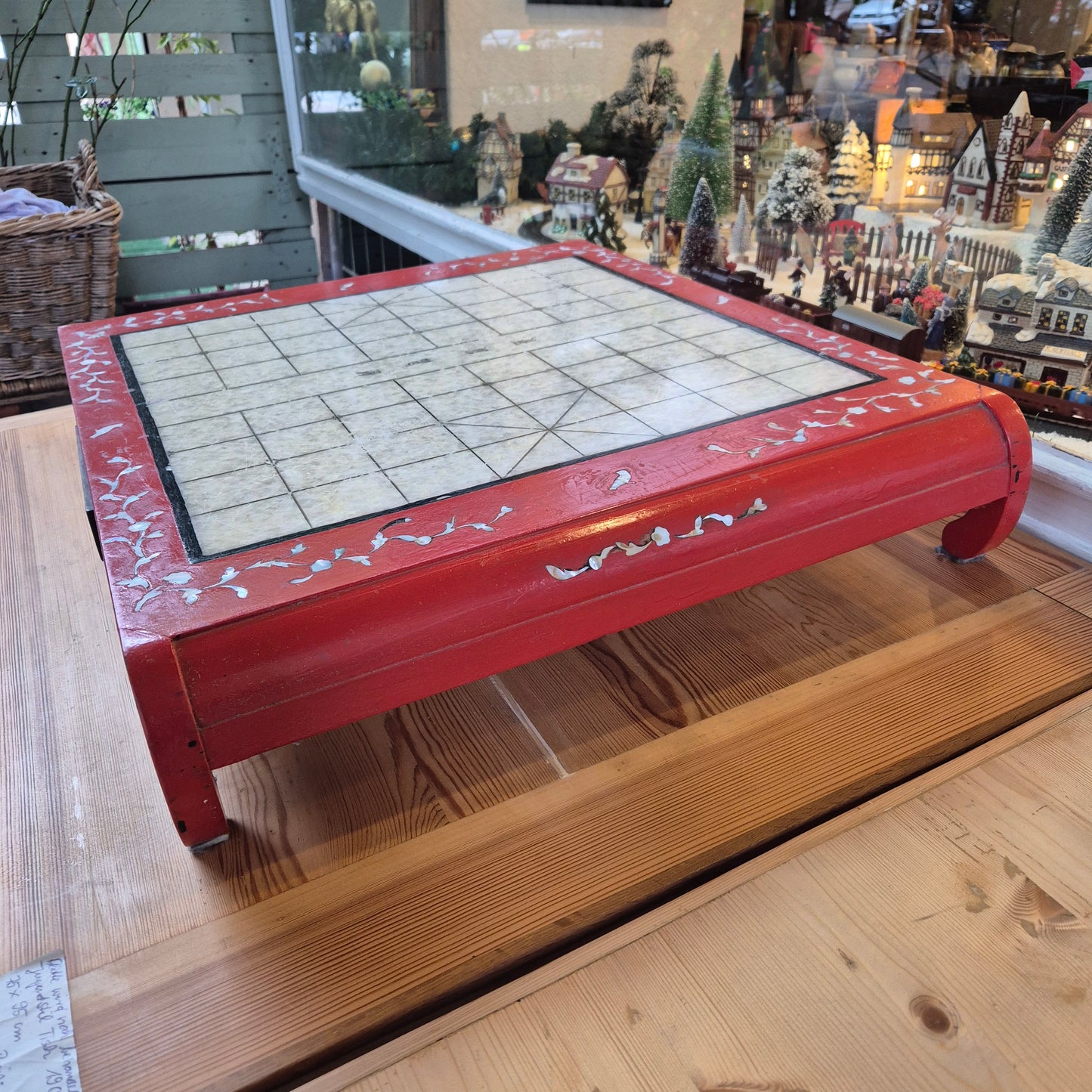 Vintage Chinesisches Schachbrett Tisch Holz Perlmutt Rot Spieltisch Teetisch