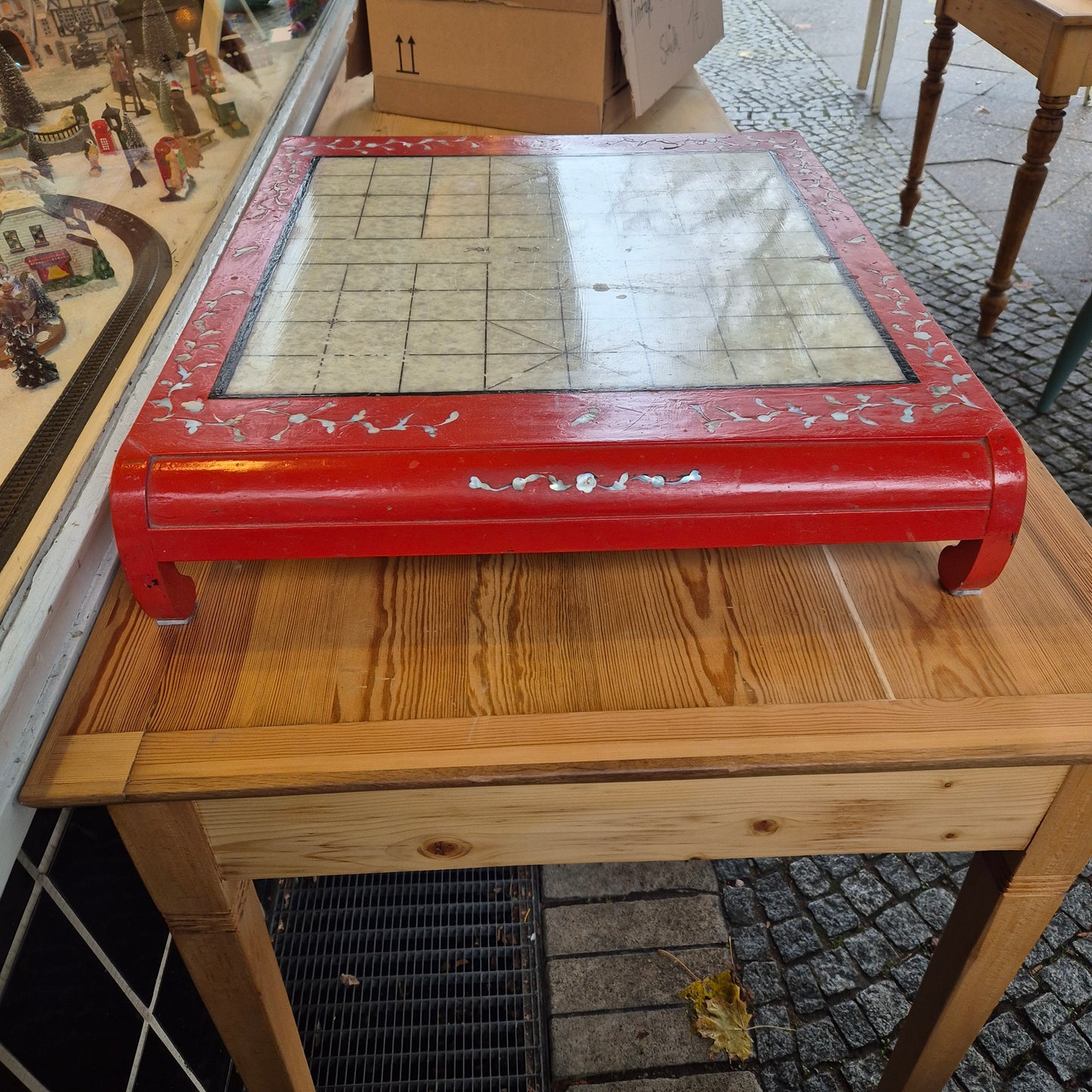 Vintage Chinesisches Schachbrett Tisch Holz Perlmutt Rot Spieltisch Teetisch