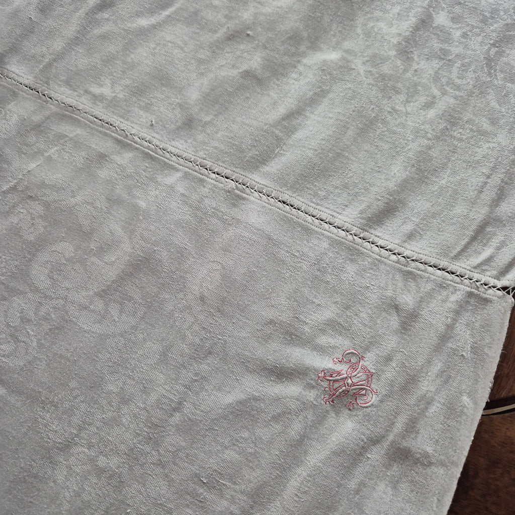 Antike Jugendstil Tischdecke aus Servietten zusammengenäht Tischläufer Baumwolle Damast  75x225cm Monogramm H.S. 🤍