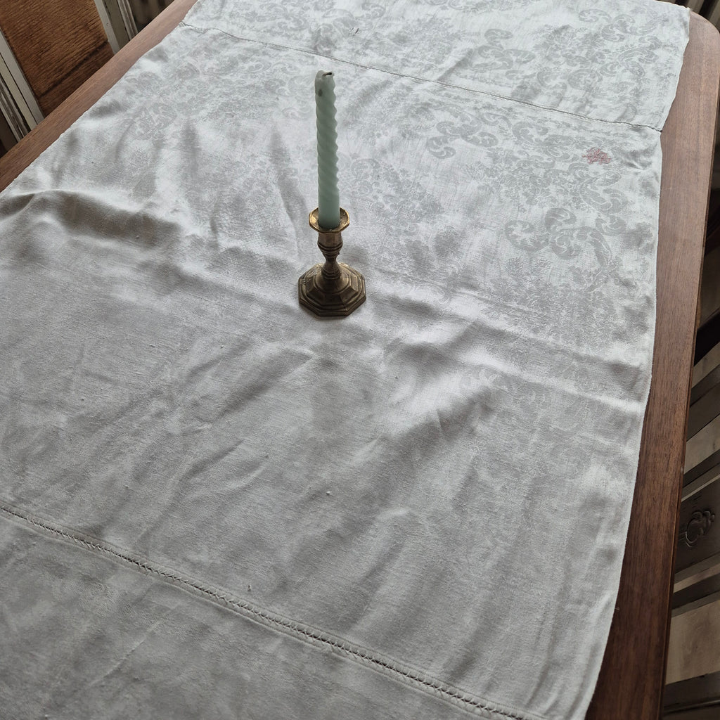 Antike Jugendstil Tischdecke aus Servietten zusammengenäht Tischläufer Baumwolle Damast  75x225cm Monogramm H.S. 🤍