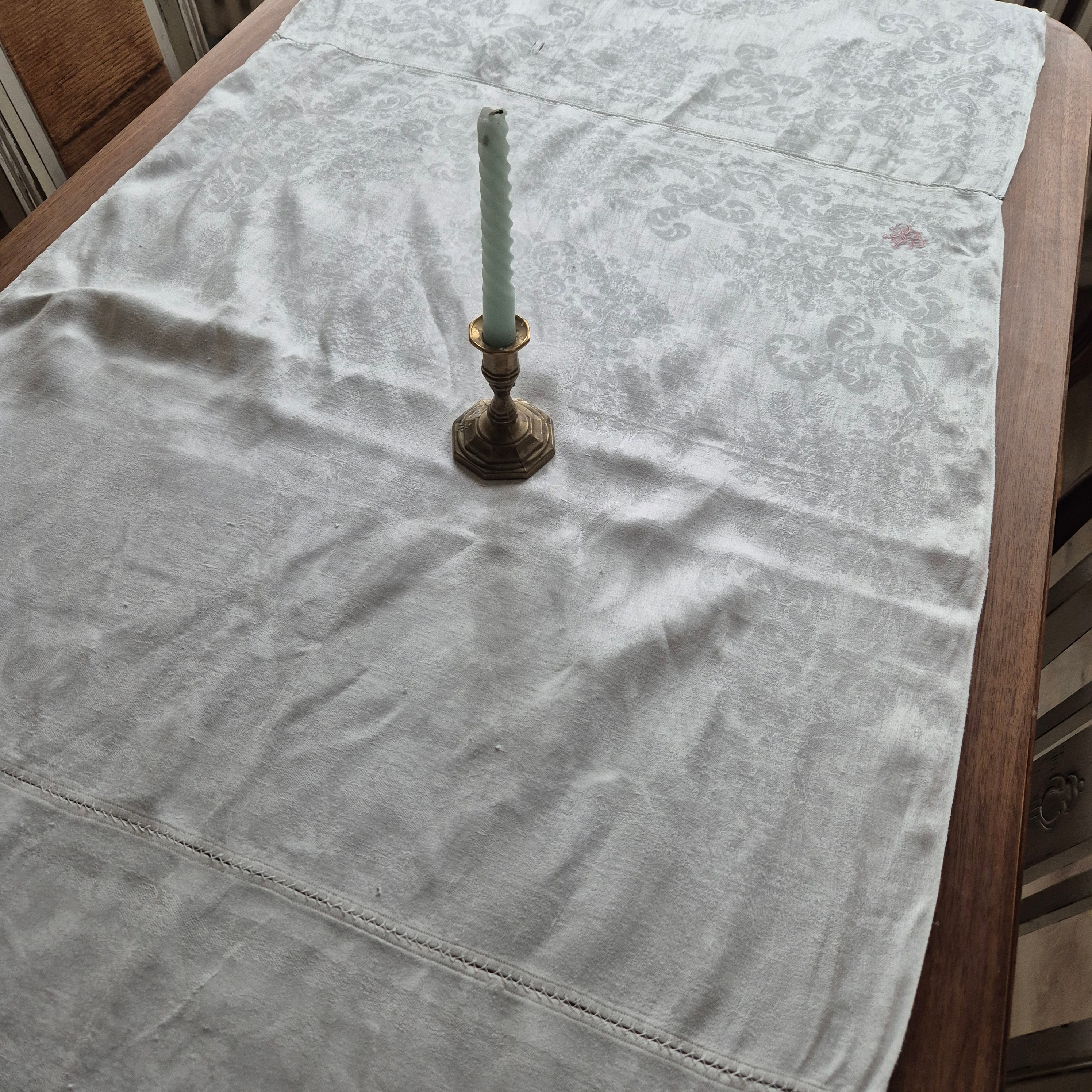 Antike Jugendstil Tischdecke aus Servietten zusammengenäht Tischläufer Baumwolle Damast  75x225cm Monogramm H.S. 🤍