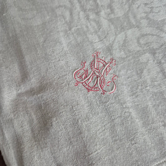 Antike Jugendstil Tischdecke aus Servietten zusammengenäht Tischläufer Baumwolle Damast  75x225cm Monogramm H.S. 🤍