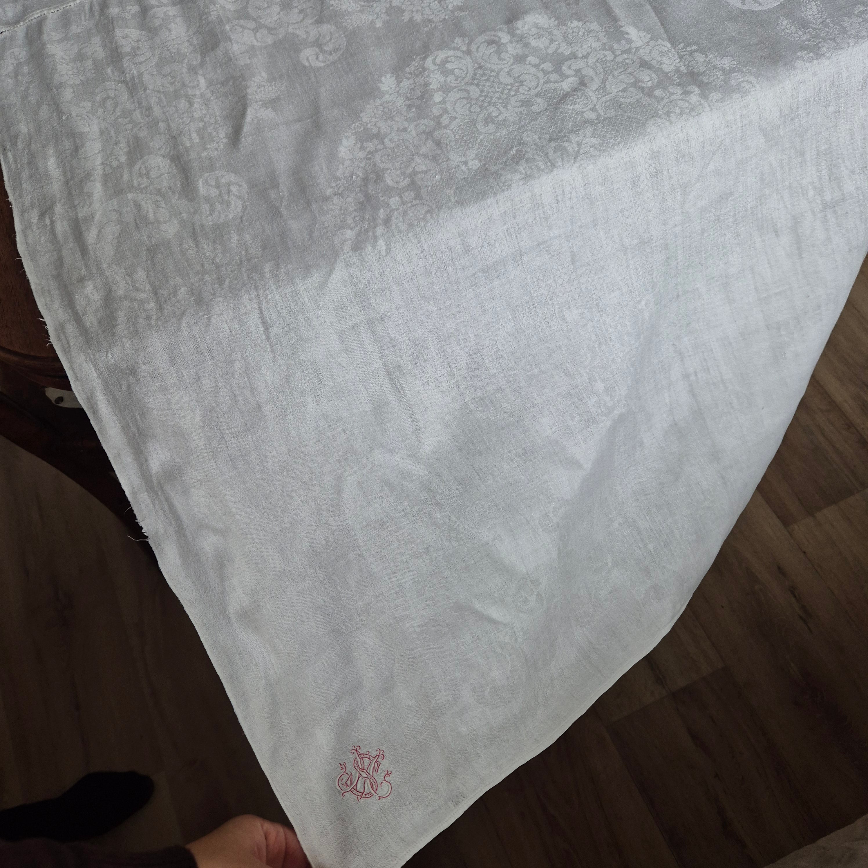 Antike Jugendstil Tischdecke aus Servietten zusammengenäht Tischläufer Baumwolle Damast  75x225cm Monogramm H.S. 🤍