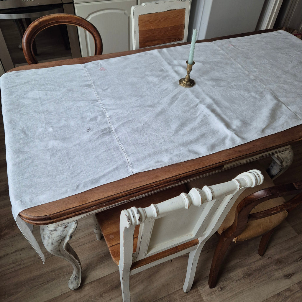 Antike Jugendstil Tischdecke aus Servietten zusammengenäht Tischläufer Baumwolle Damast  75x225cm Monogramm H.S. 🤍