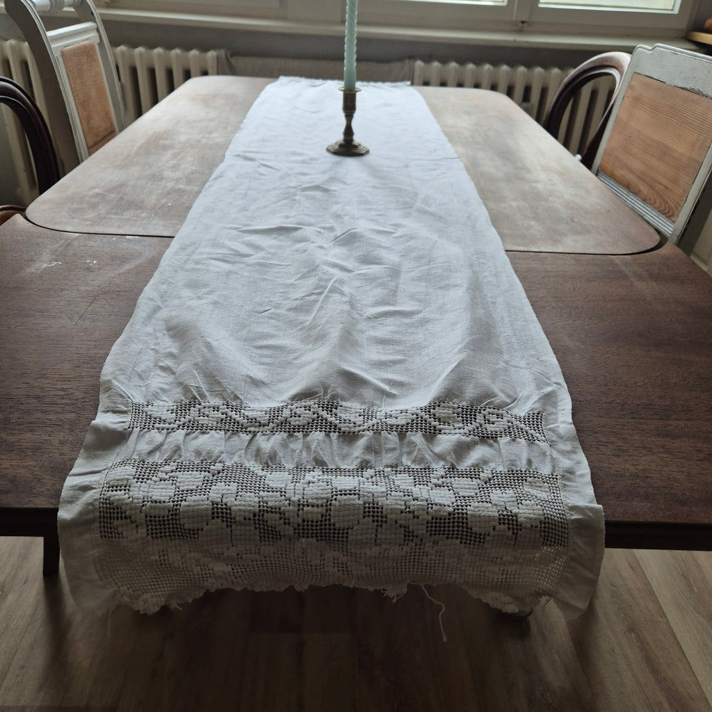 Antiker Jugendstil Tischläufer weiß Baumwolle 40x180cm (leicht verzogen) 🤍