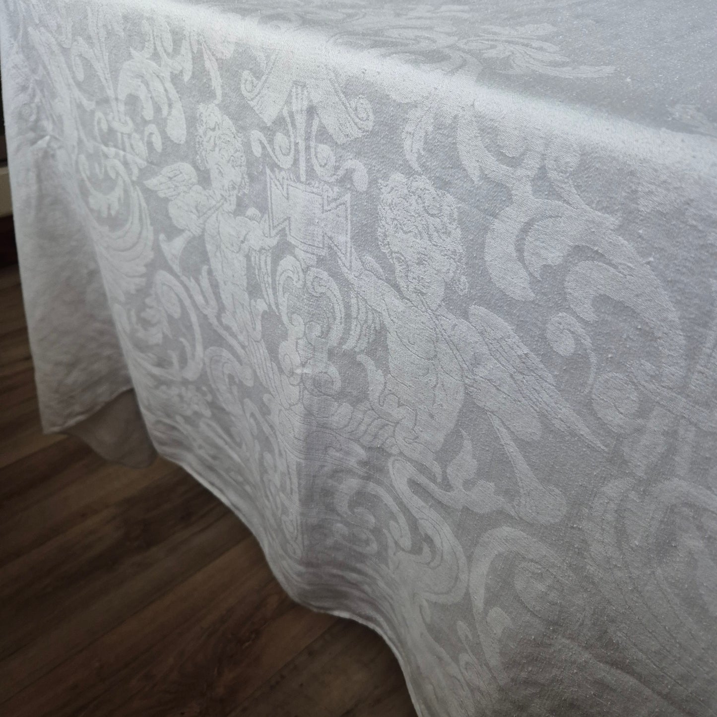 Antike große Jugendstil Tischdecke Damast (Flecken) weiß 155x330cm Monogramm D.M Tafeltuch