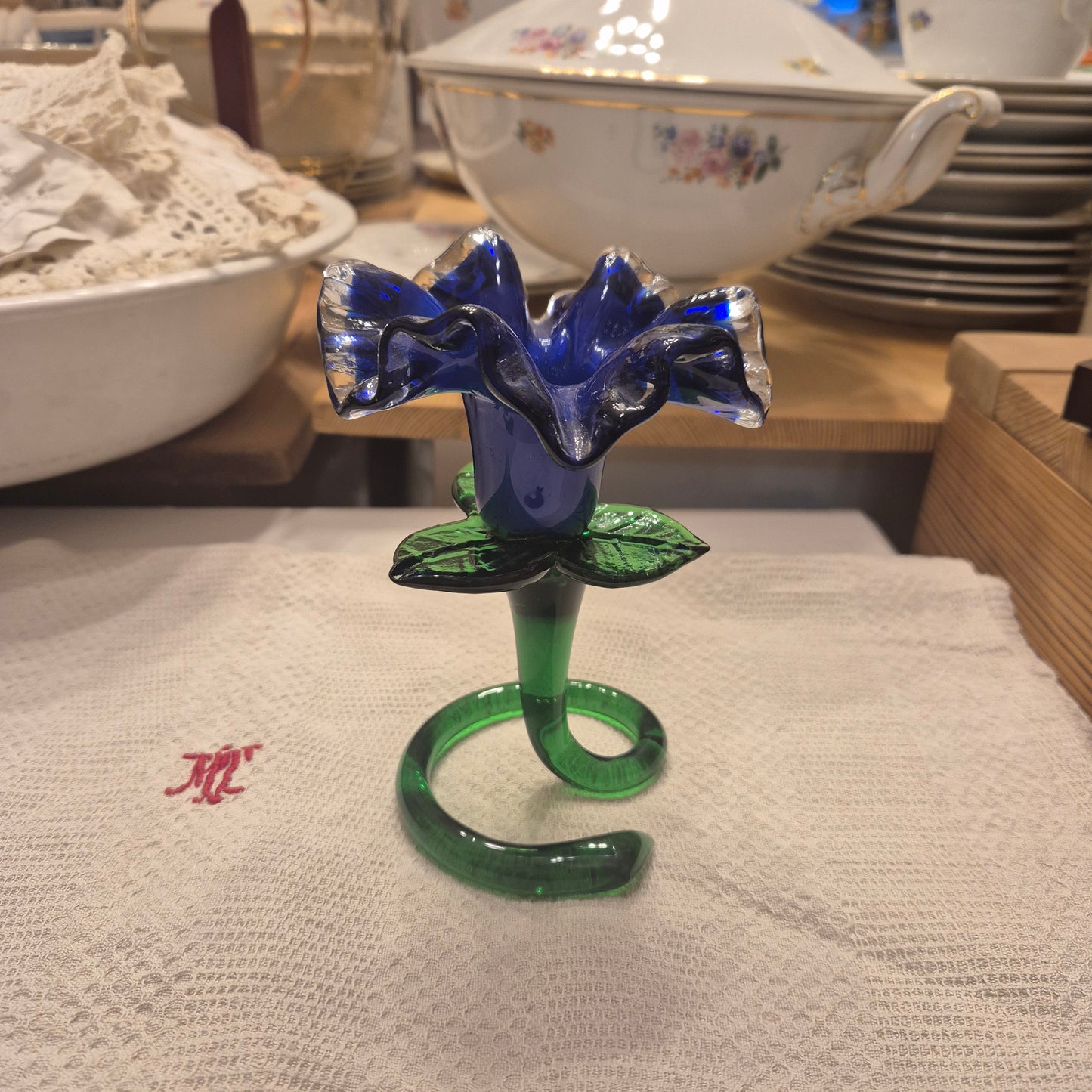 Vintage Murano Glaskunst Blume Kerzenhalter Blau