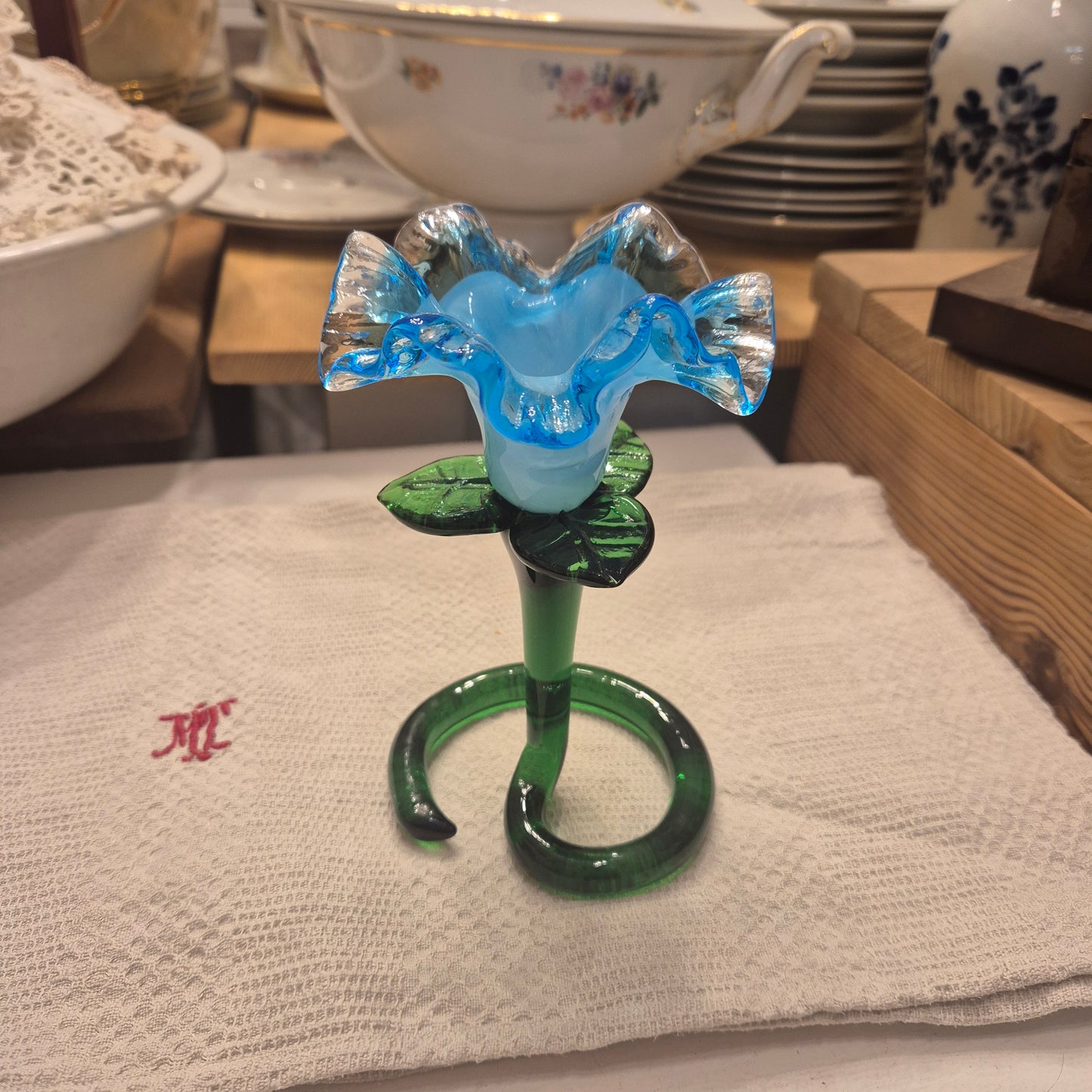 Vintage Murano Glaskunst Blume Kerzenhalter Hellblau