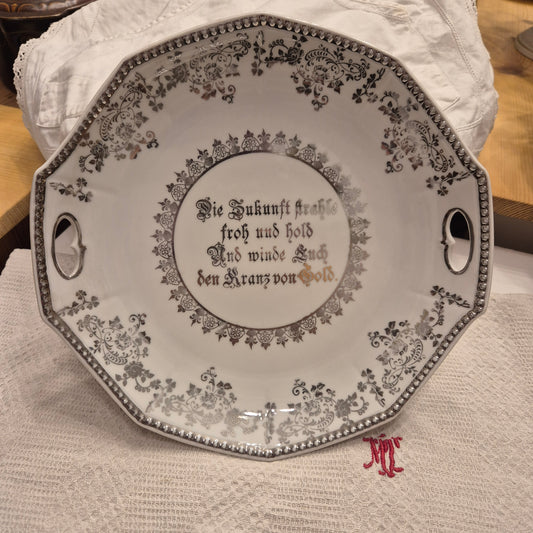 Antiker Silberhochzeit Teller ideal als Geschenk zur Silberhochzeit Porzellan weiß silber Wandteller