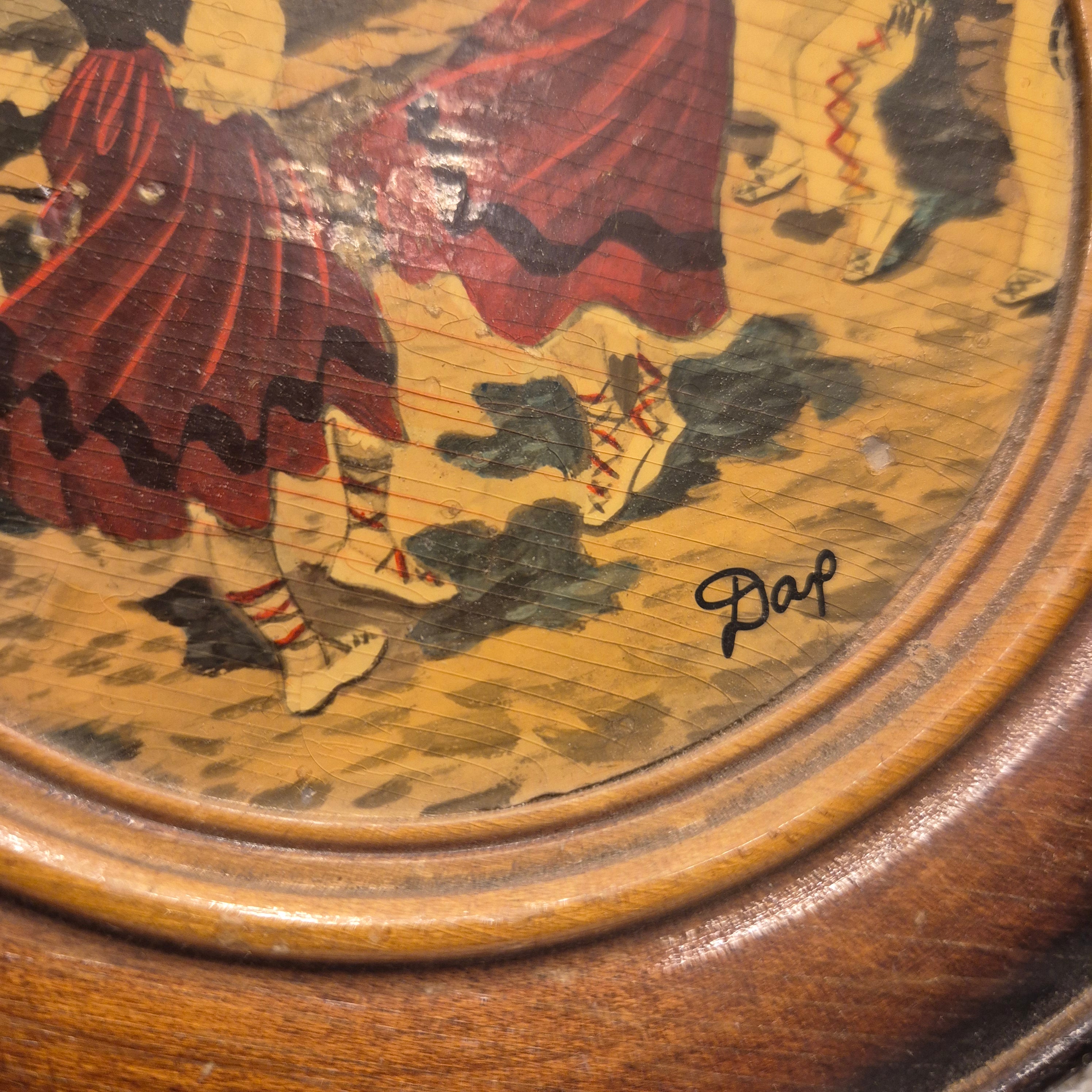 Antikes handgemachtes traditionelles Bild Tanzende Frauen Wandteller Holz