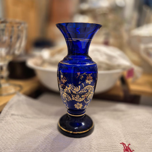 Wunderschöne alte blaue Vintage Glas Vase blau mit gold Ornamenten