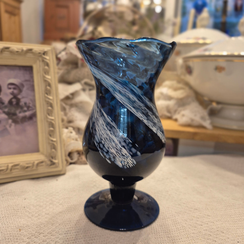 Blaue Vintage Glas Vase transparent Baluster